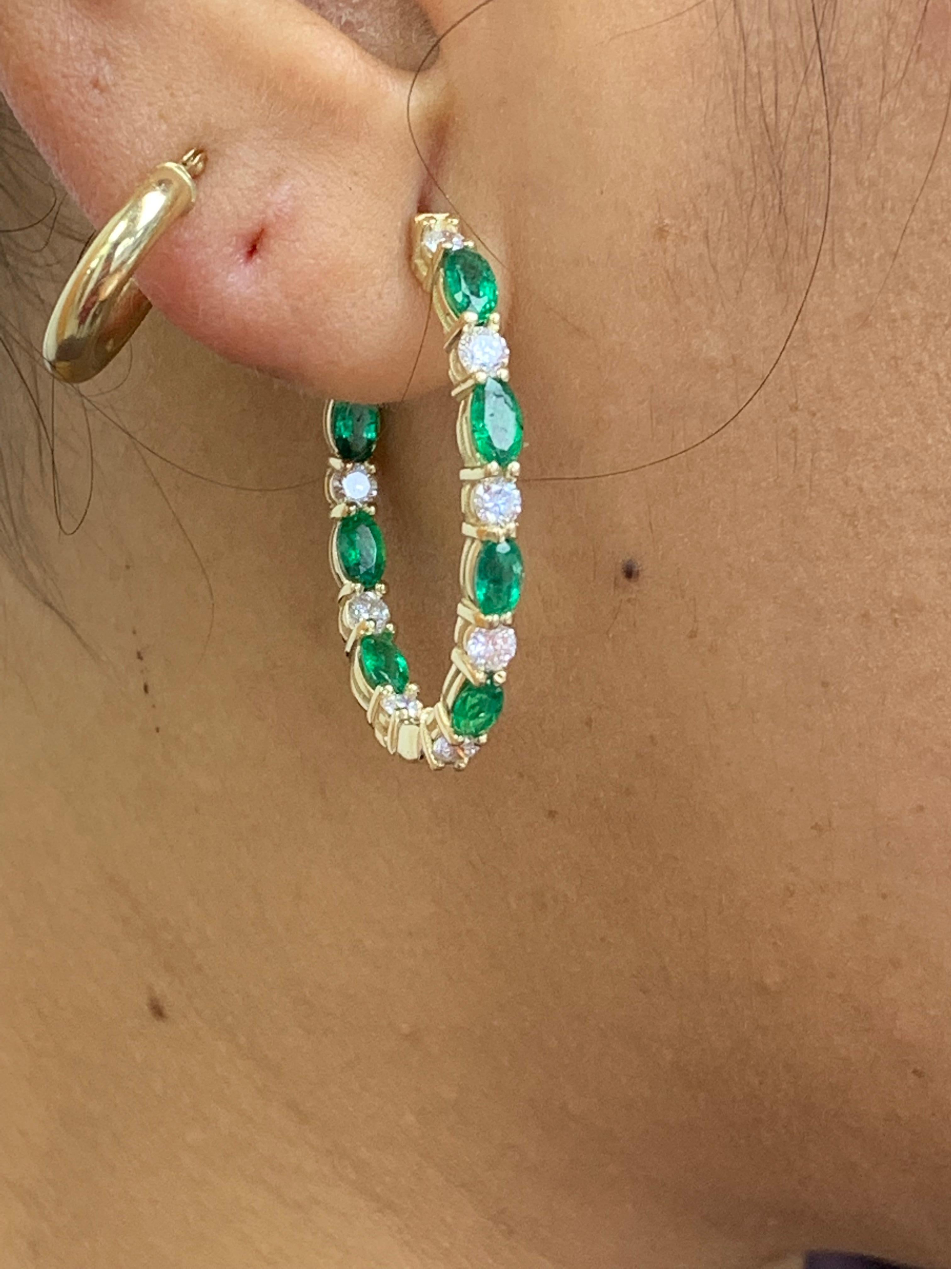 3.13 Carat Oval Cut Emerald and Diamond Hoop Earrings in 14K Yellow Gold For Sale 1