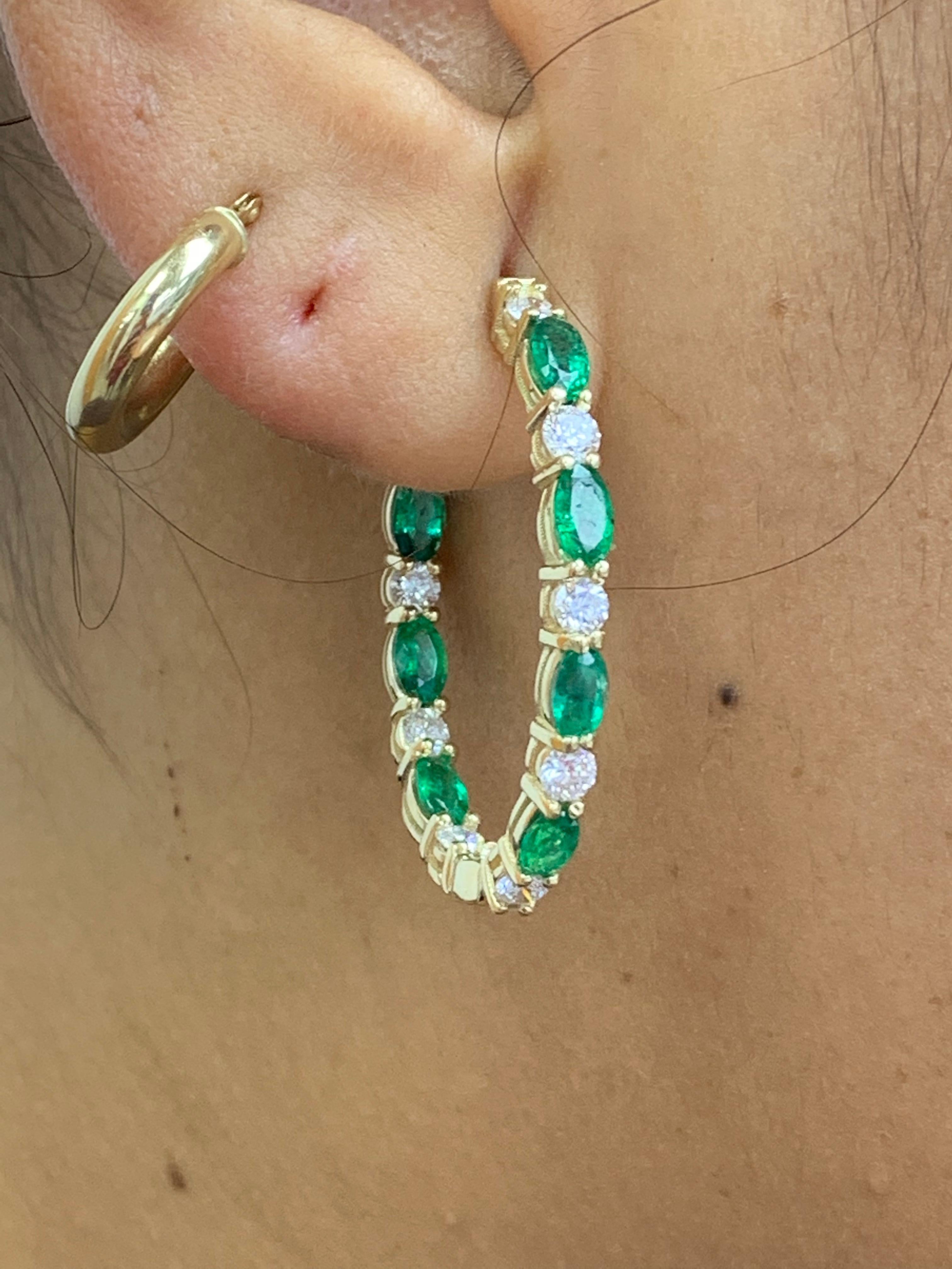 3.13 Carat Oval Cut Emerald and Diamond Hoop Earrings in 14K Yellow Gold For Sale 2