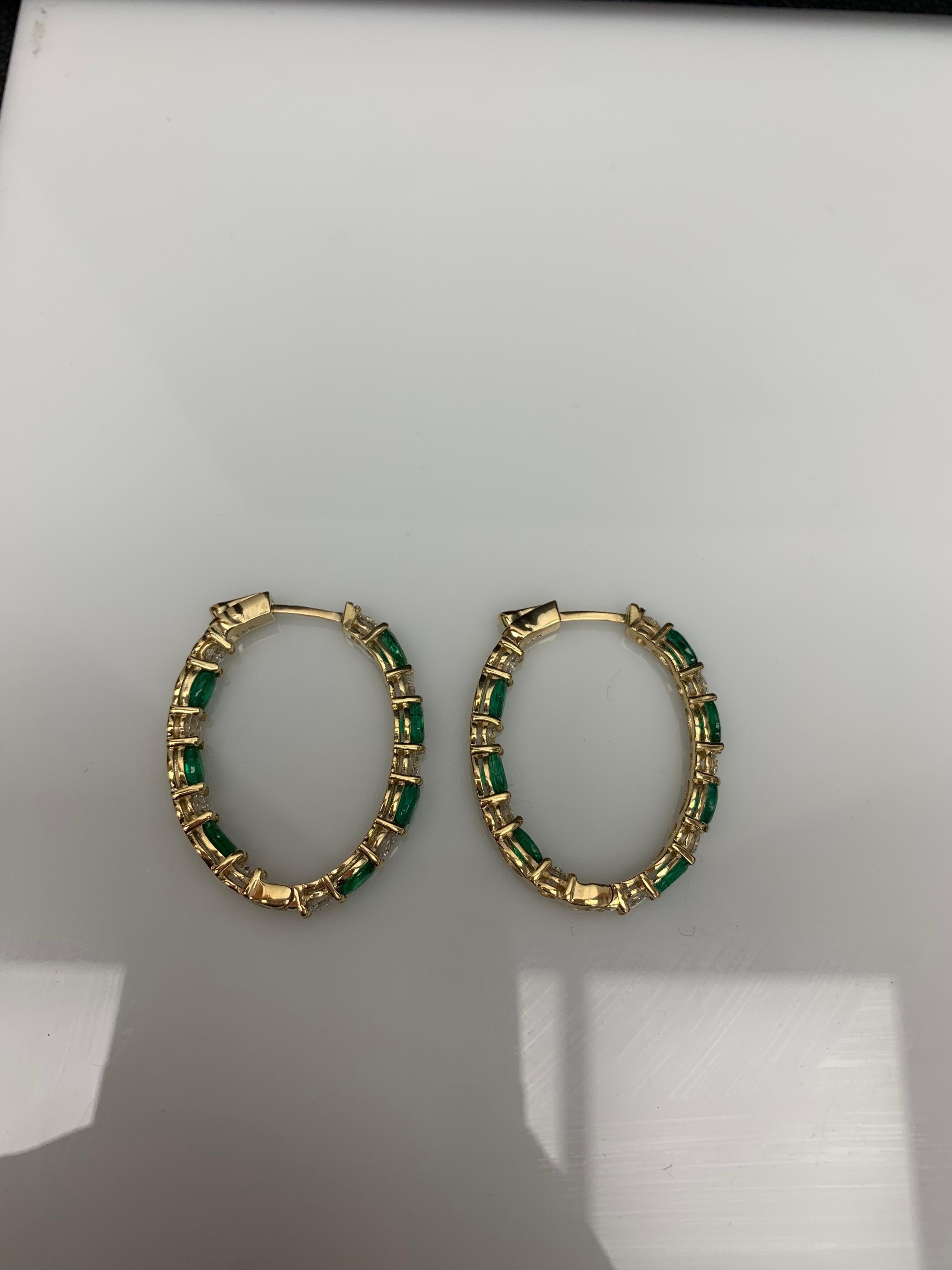3.13 Carat Oval Cut Emerald and Diamond Hoop Earrings in 14K Yellow Gold For Sale 3