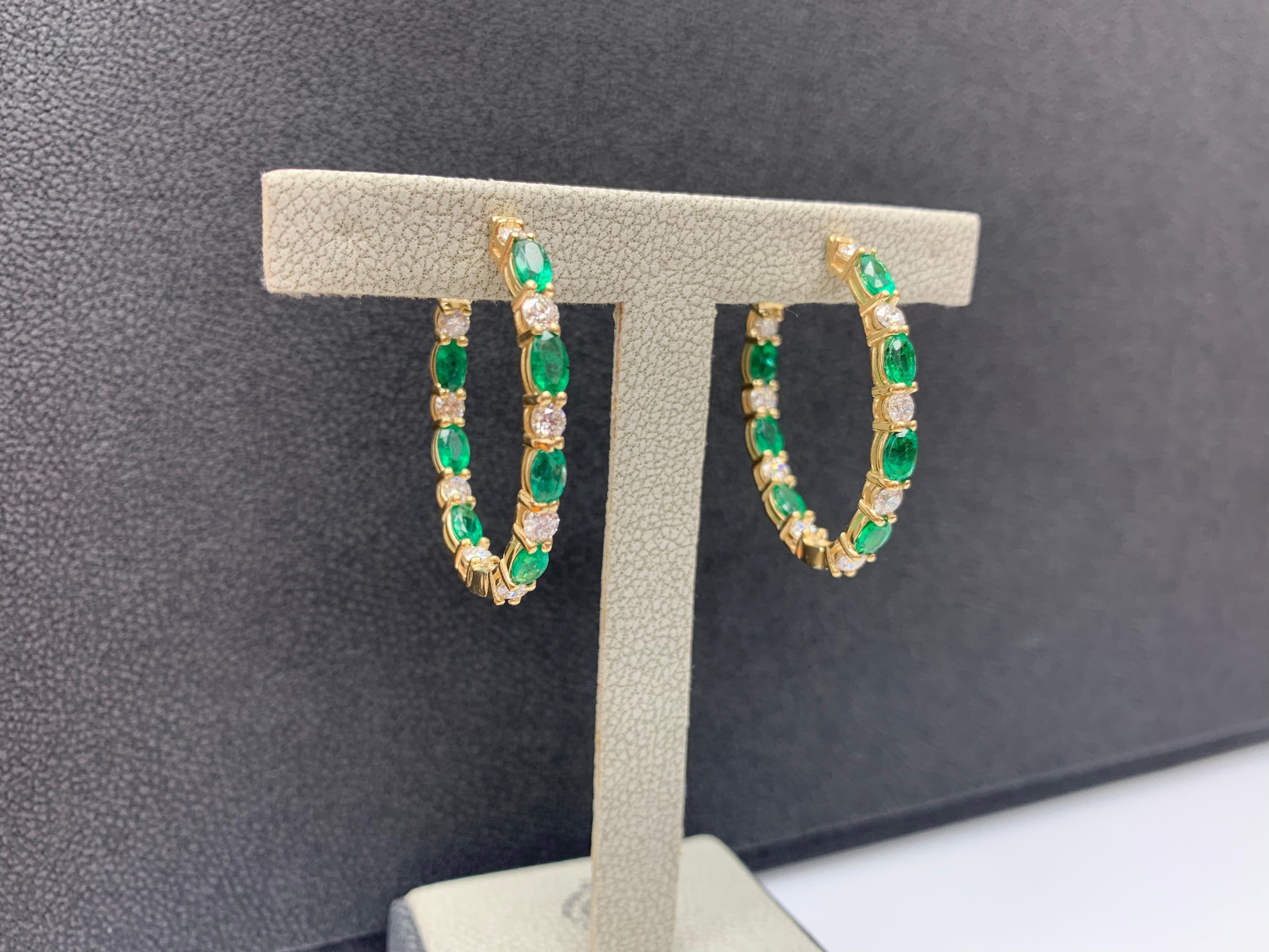 3.13 Carat Oval Cut Emerald and Diamond Hoop Earrings in 14K Yellow Gold For Sale 4