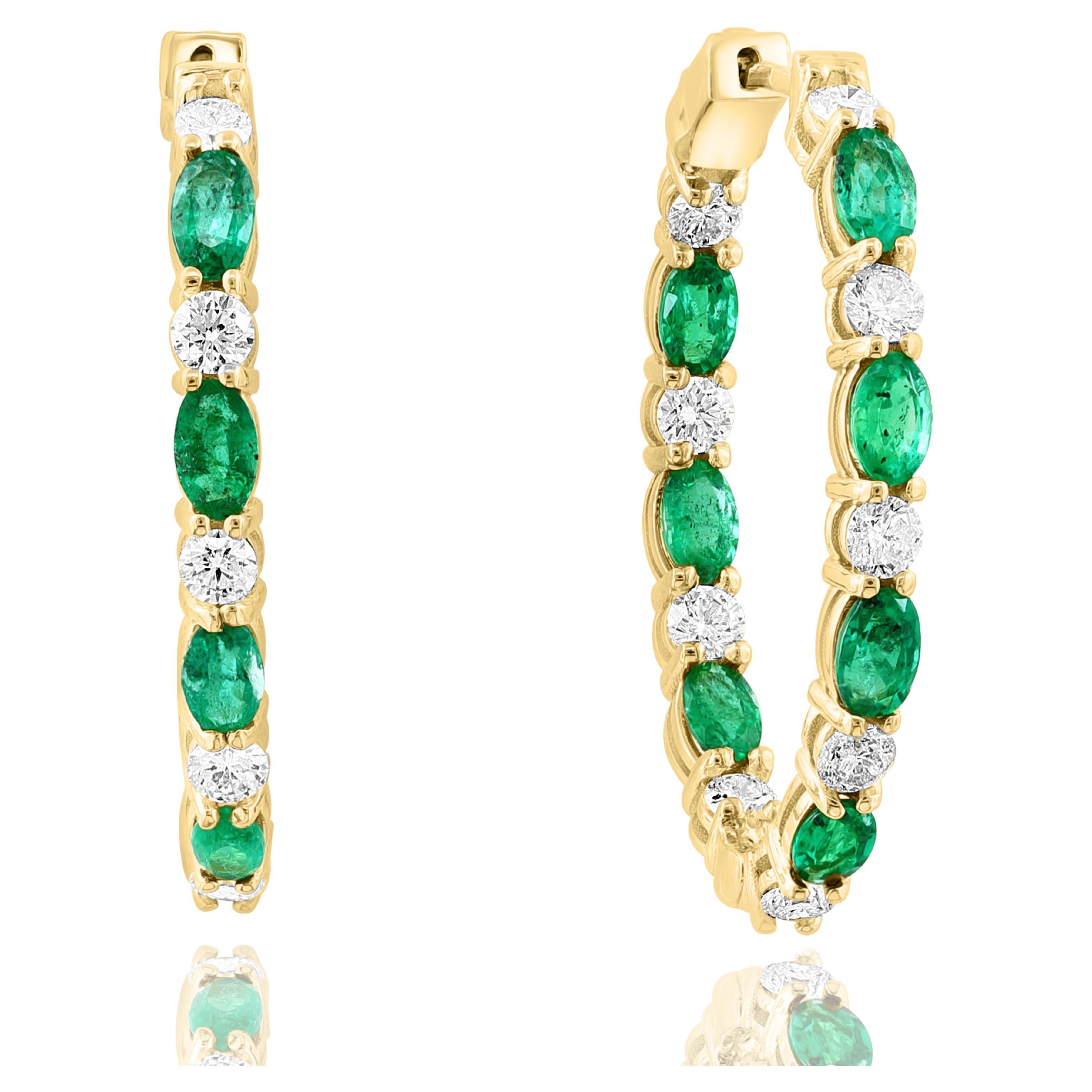 3.13 Carat Oval Cut Emerald and Diamond Hoop Earrings in 14K Yellow Gold For Sale