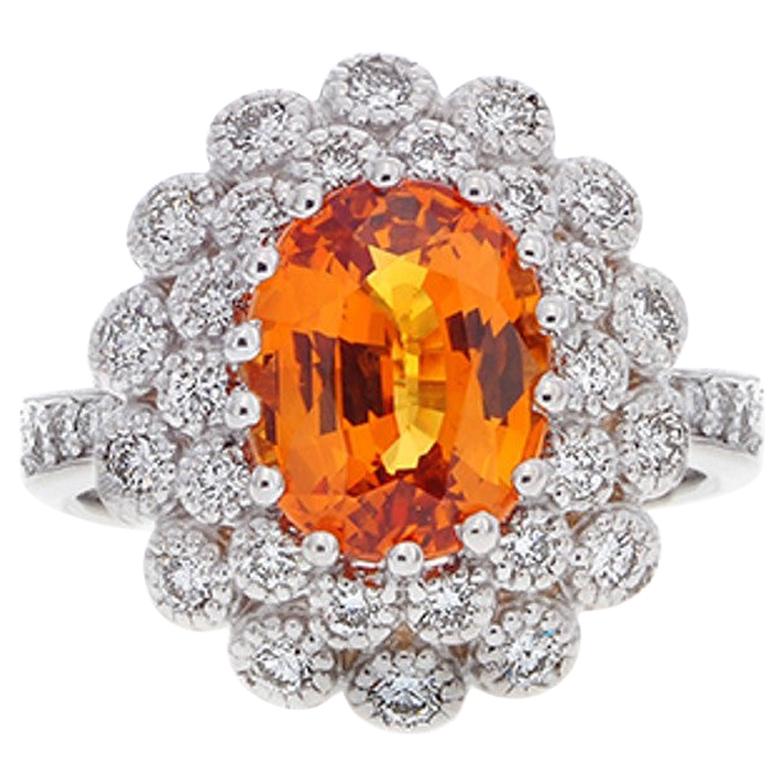3.13 Carat Oval Cut Orange Sapphire Gemstone 14 Karat White Gold Diamond Ring For Sale