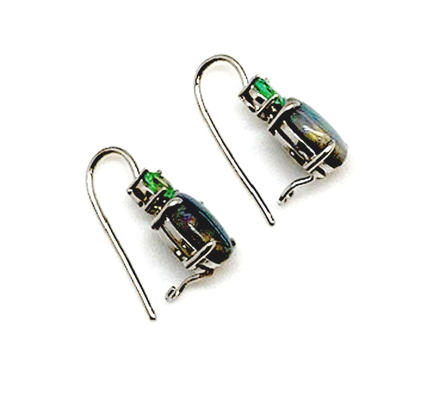 Black Opal and Tsavorite Garnet 18k White Gold Lever Back Wire Drop Earrings In New Condition In Los Angeles, CA
