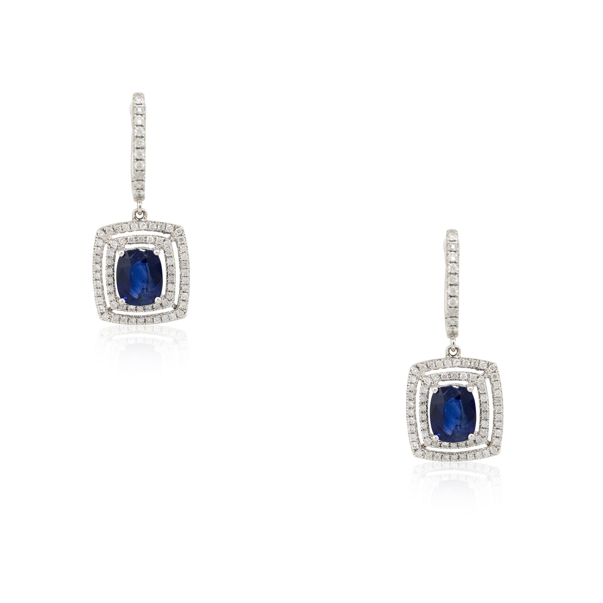 18k White Gold 3.13ct Sapphire & 0.69ct Diamond Double Halo Drop Earrings

Product: Sapphire & Diamond Double Halo Earrings
Material: 18k White Gold
Gemstone/ Diamond Details: There are approximately 3.13 carats of Cushion cut Sapphires (2 stones)
