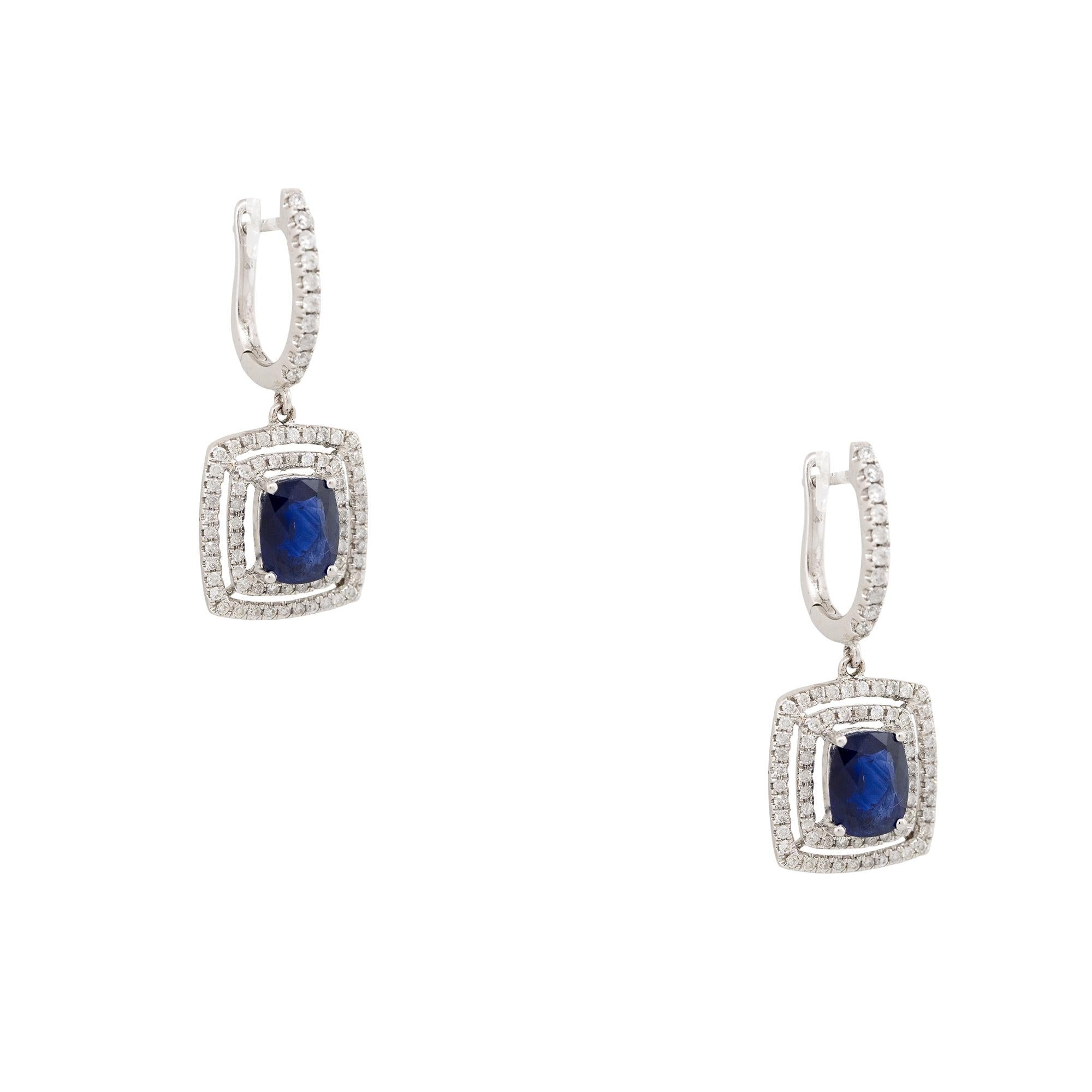 Modern 3.13 Carat Sapphire & Diamond Double Halo Drop Earrings 18 Karat In Stock For Sale