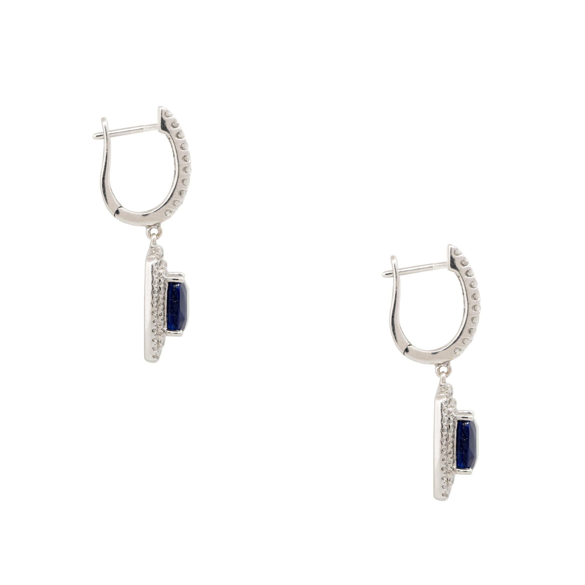 Cushion Cut 3.13 Carat Sapphire & Diamond Double Halo Drop Earrings 18 Karat In Stock For Sale
