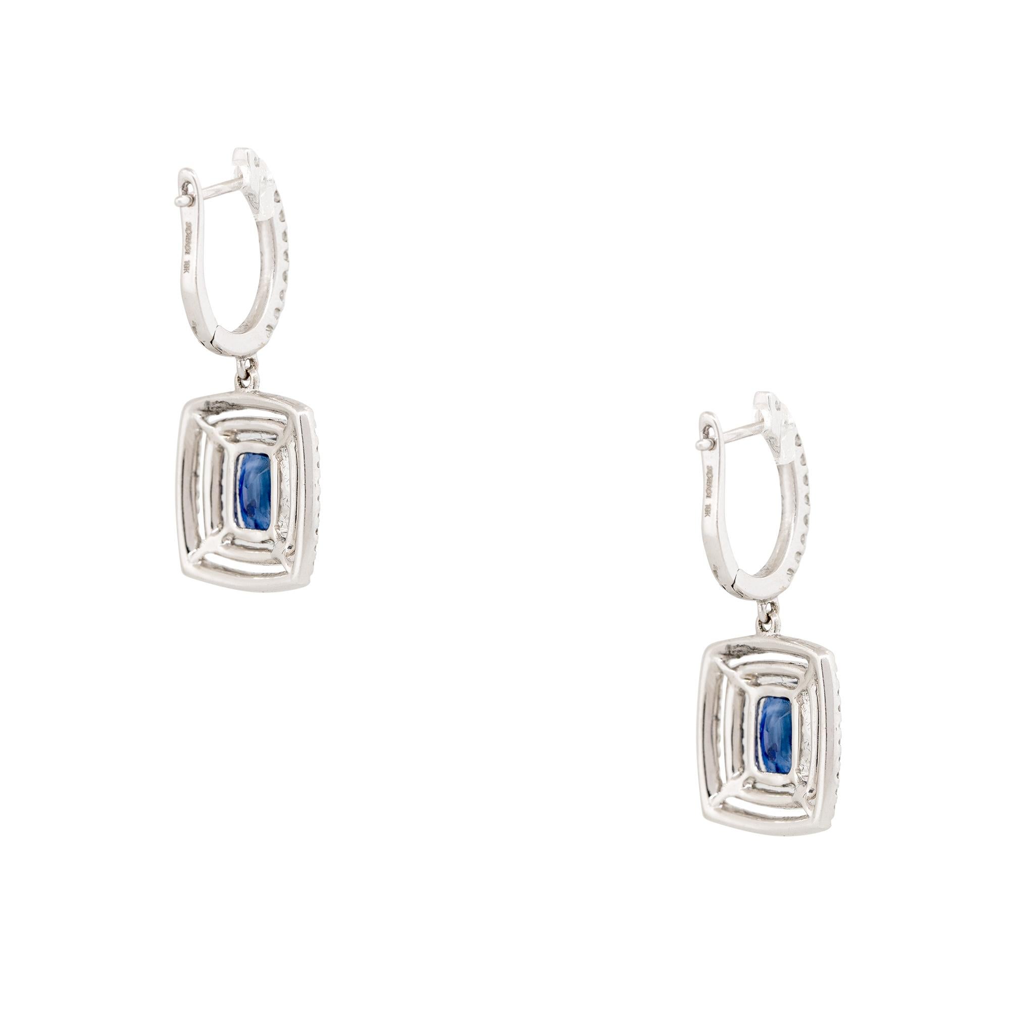 3.13 Carat Sapphire & Diamond Double Halo Drop Earrings 18 Karat In Stock In Excellent Condition For Sale In Boca Raton, FL