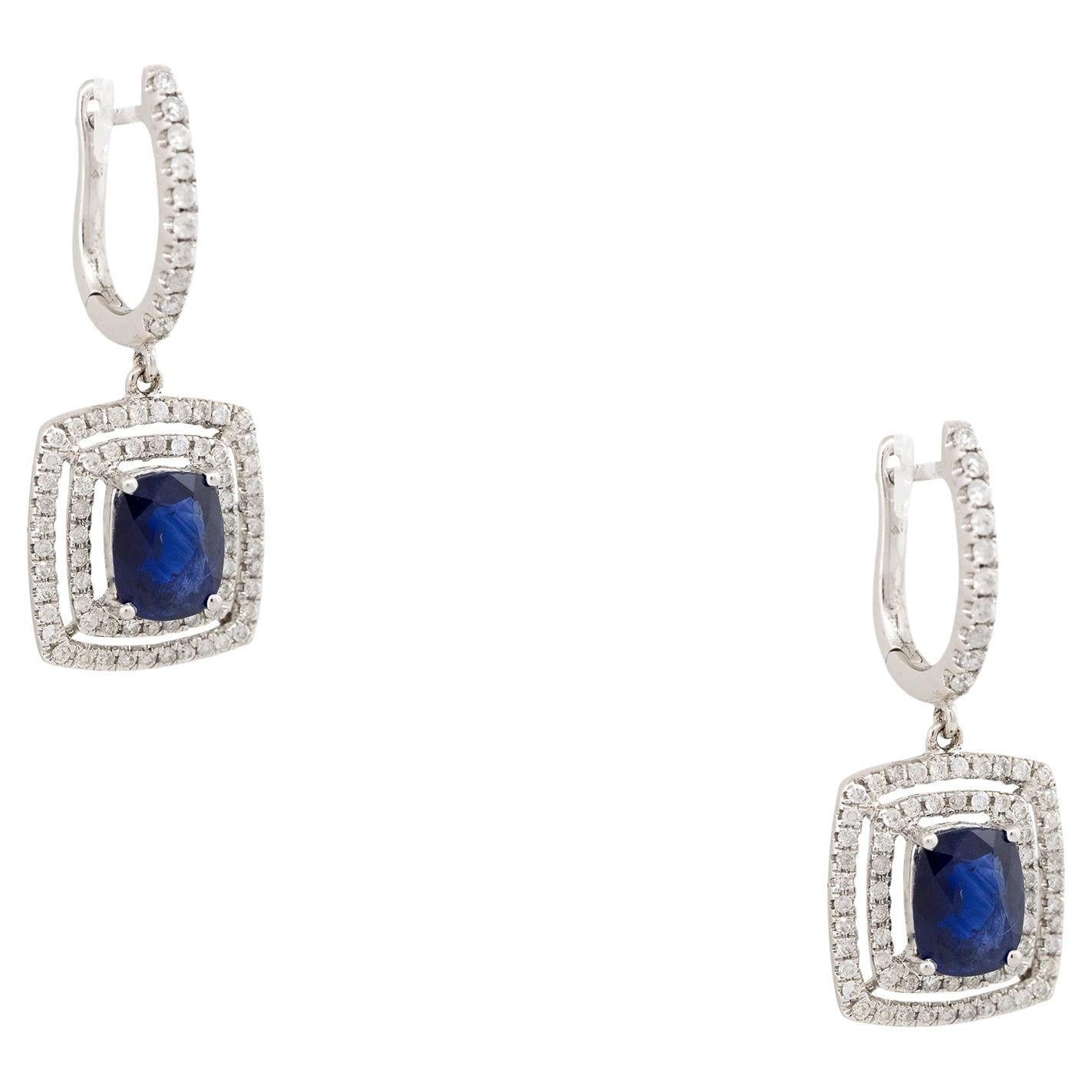 3.13 Carat Sapphire & Diamond Double Halo Drop Earrings 18 Karat In Stock For Sale