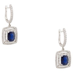 3.13 Carat Saphir & Diamant Double Halo Drop Earrings 18 Karat En stock