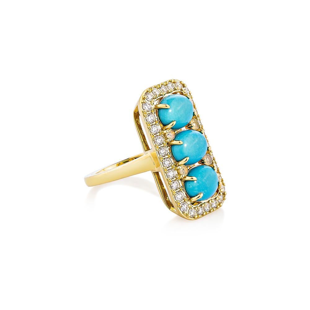 Sunita Nahata presents a one-of-a-kind collection of turquoise, with a set of four in a traditional oval cut, this ring exemplifies the style and elegance that modern women wish to display, with the stones set in a single, straight line. Crafted in
