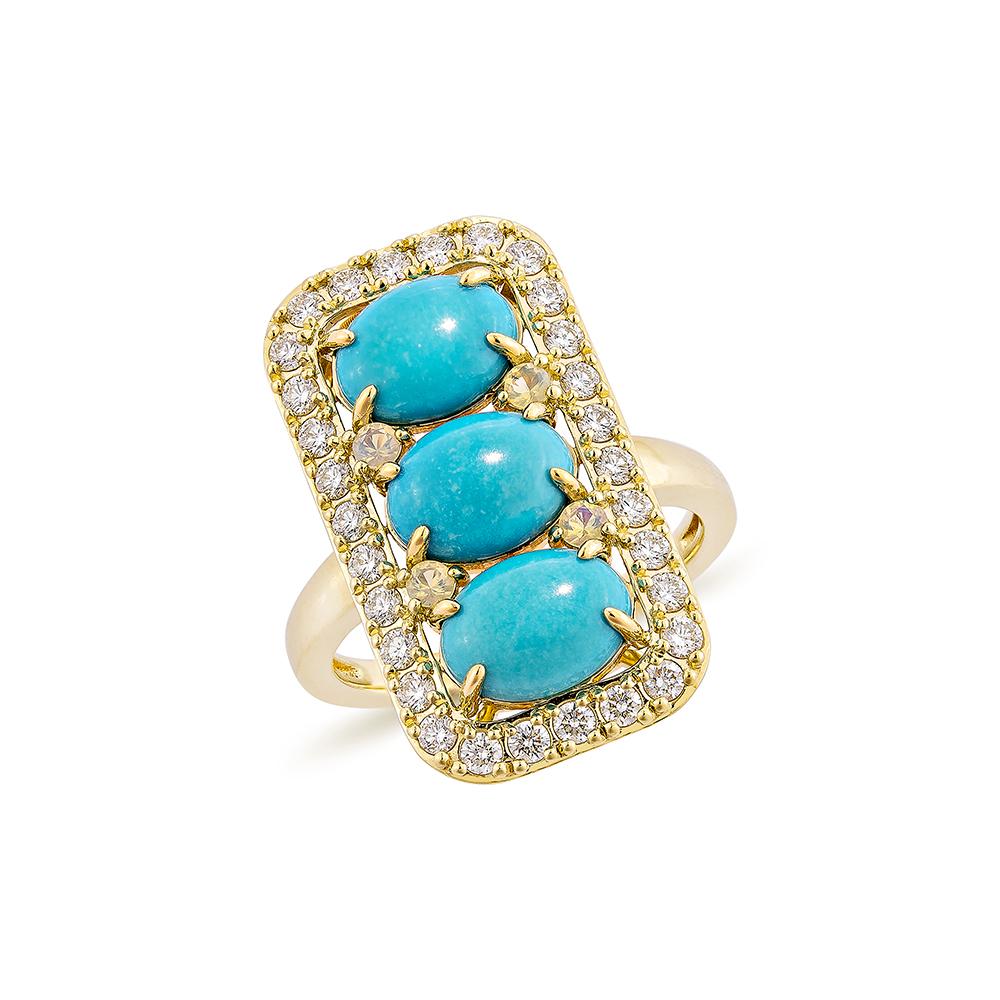 Contemporary 3.13 Carat Turquoise Fancy Ring in 18Karat Yellow Gold with Opal, and Diamond.   For Sale