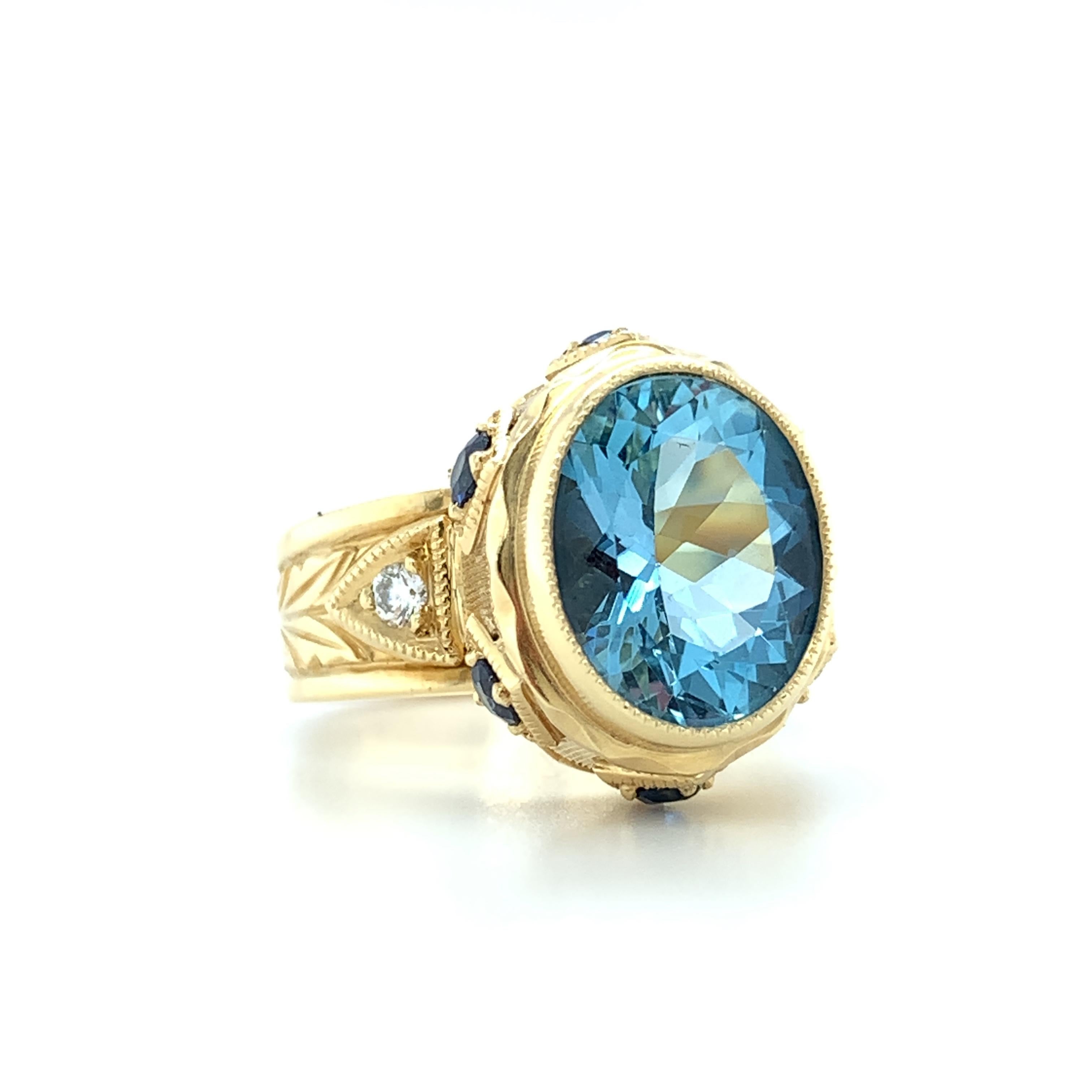 Artisan 3.13 ct. Aquamarine, Blue Sapphire, Diamond Yellow Gold Engraved Bezel Band Ring