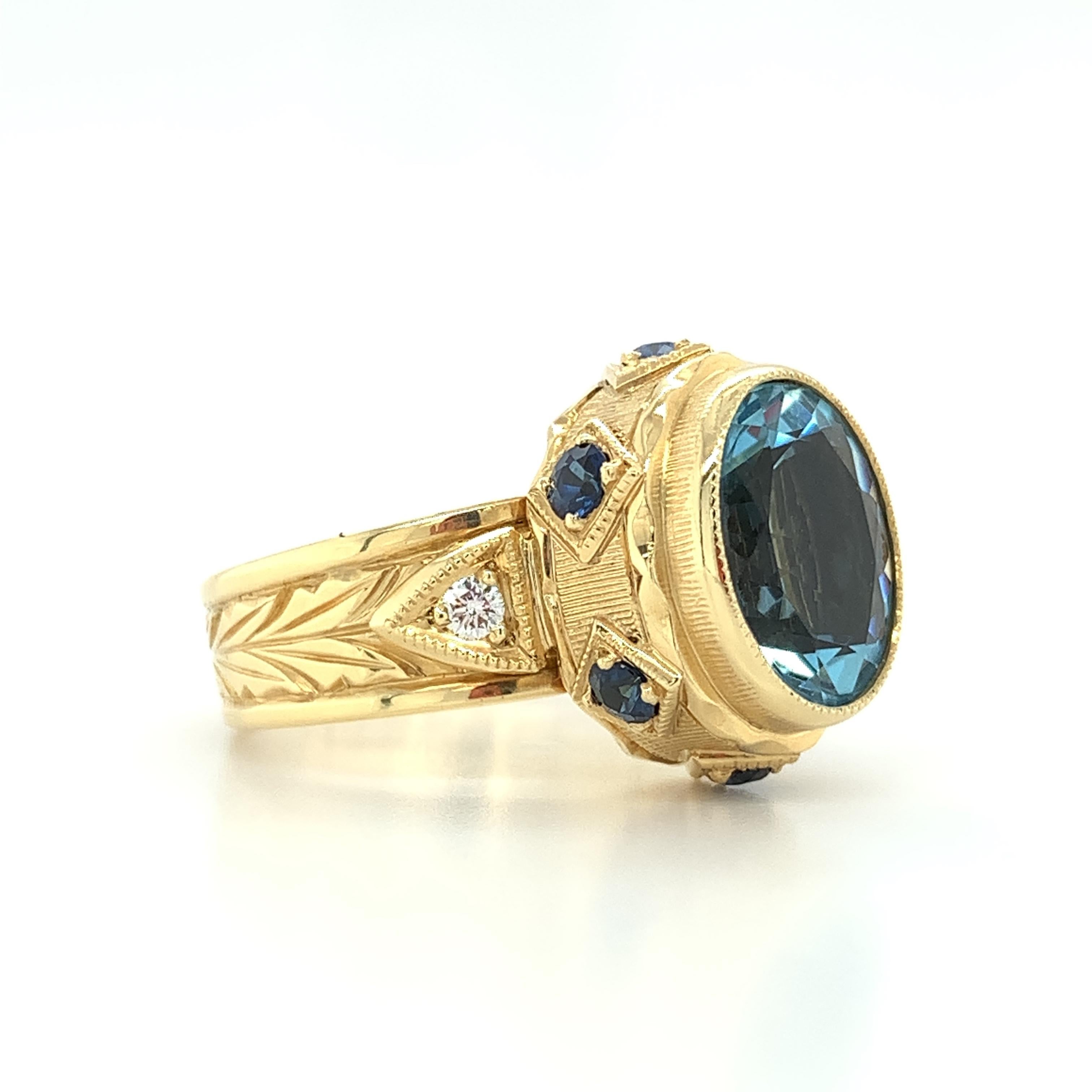 Women's or Men's 3.13 ct. Aquamarine, Blue Sapphire, Diamond Yellow Gold Engraved Bezel Band Ring