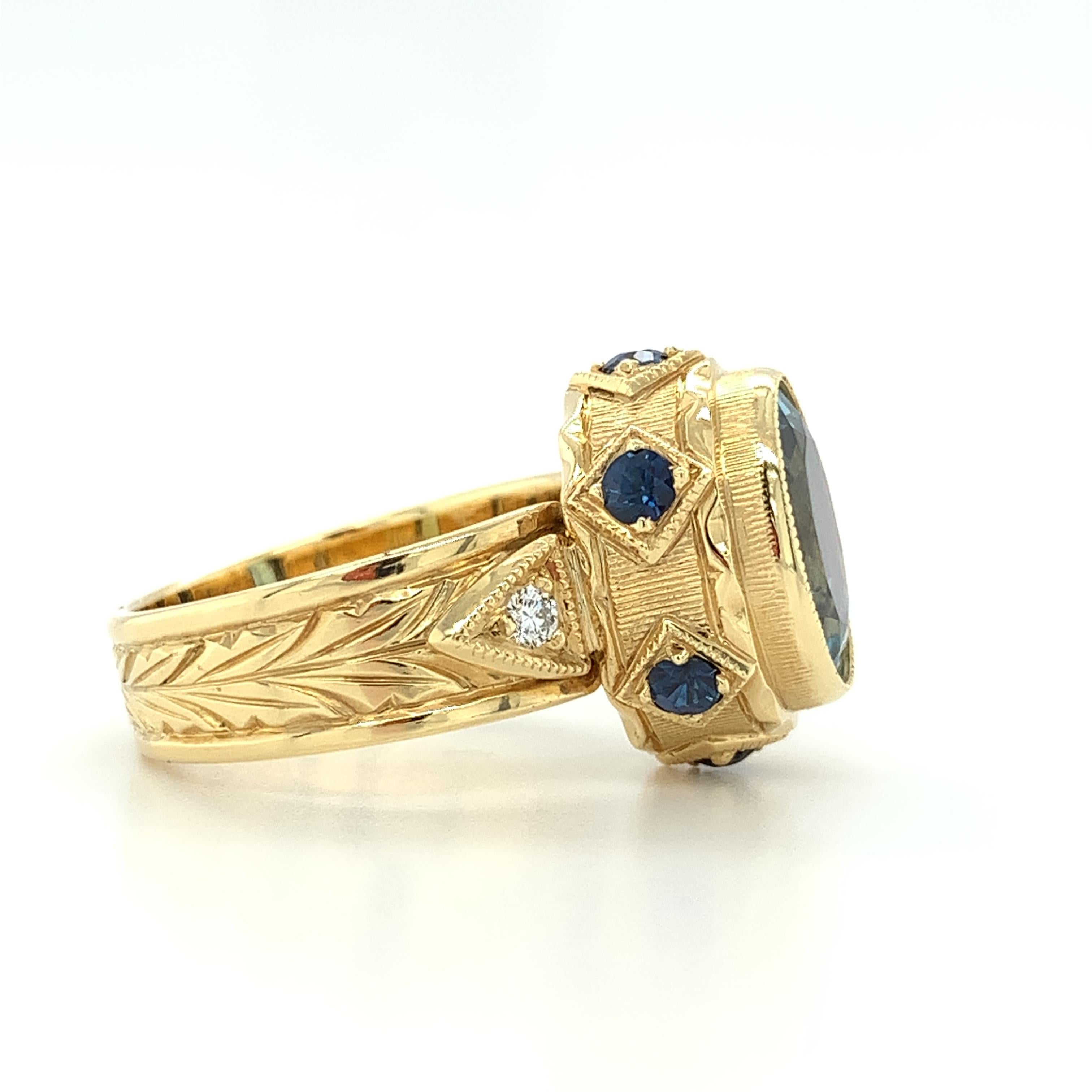 3.13 ct. Aquamarine, Blue Sapphire, Diamond Yellow Gold Engraved Bezel Band Ring 1