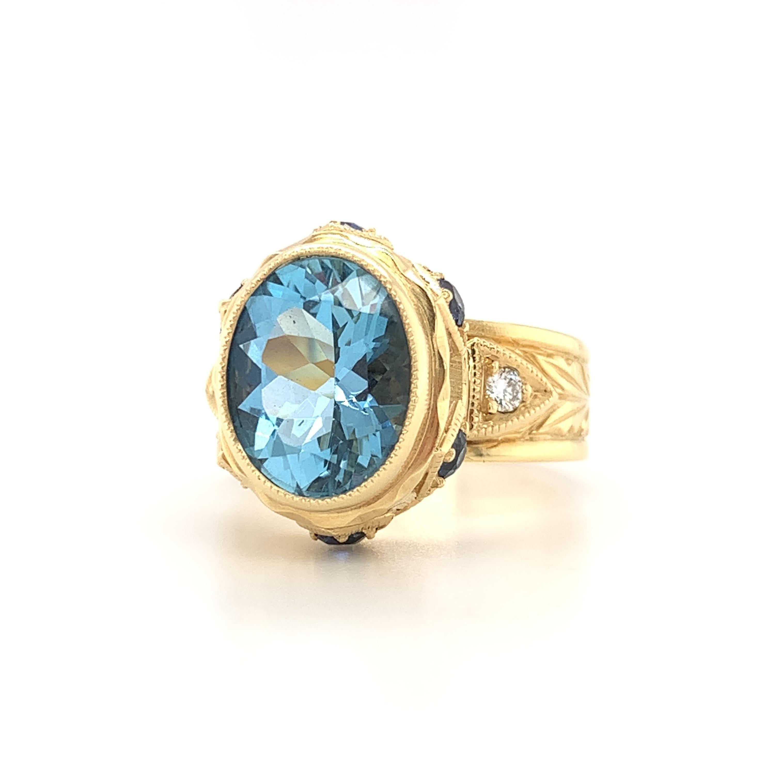 3.13 ct. Aquamarine, Blue Sapphire, Diamond Yellow Gold Engraved Bezel Band Ring 3