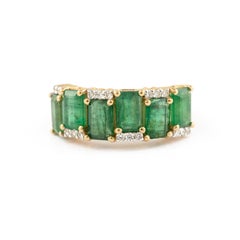 Natural Diamond & 3.13 ct Emerald Wedding Band Ring Set in 14K Solid Yellow Gold