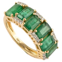 Natural Diamond & 3.13 ct Emerald Wedding Band Ring Set in 14K Solid Yellow Gold