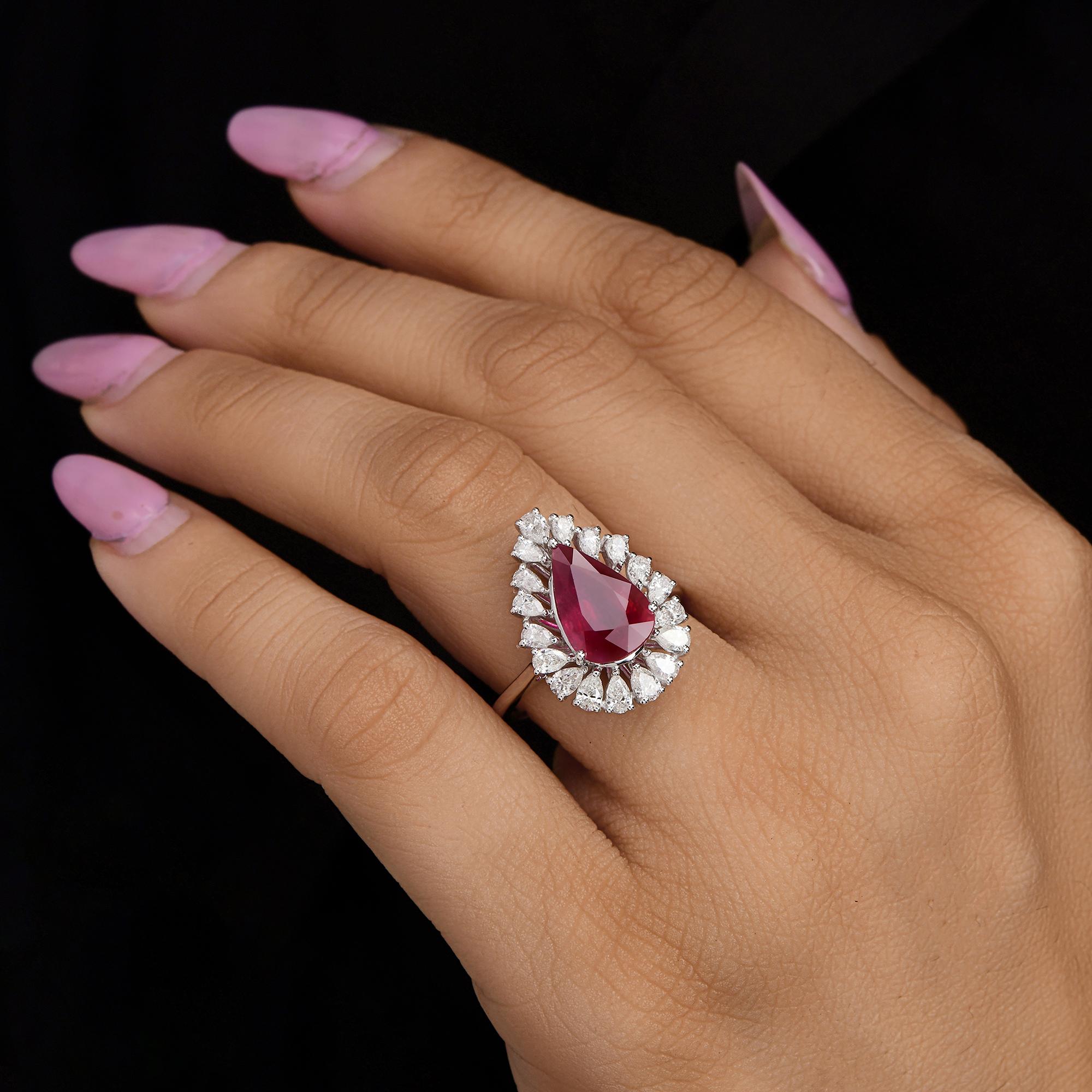 For Sale:  3.13 Ct Natural Ruby Diamond Halo Pear Engagement Ring in 18 Karat White Gold 10