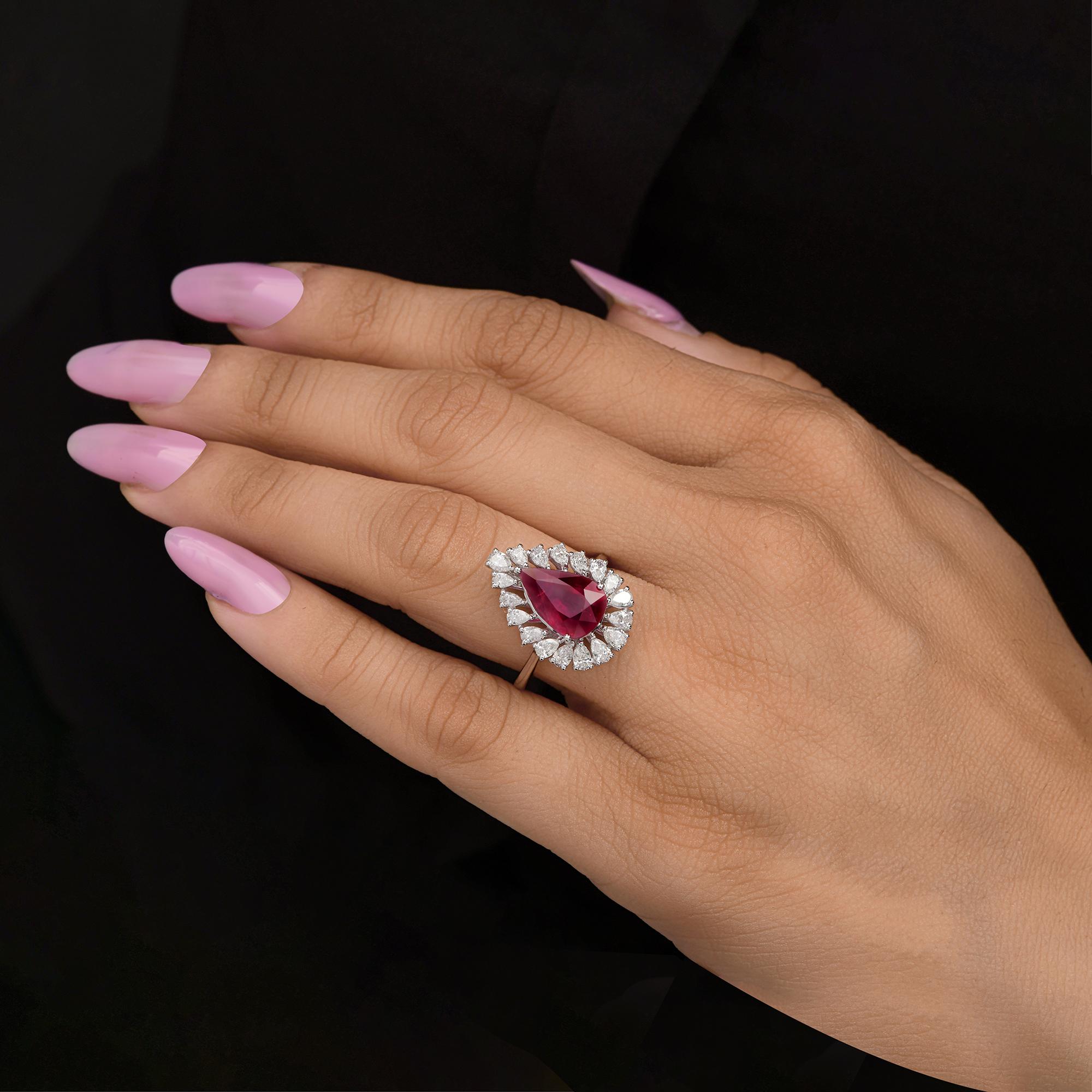 For Sale:  3.13 Ct Natural Ruby Diamond Halo Pear Engagement Ring in 18 Karat White Gold 2