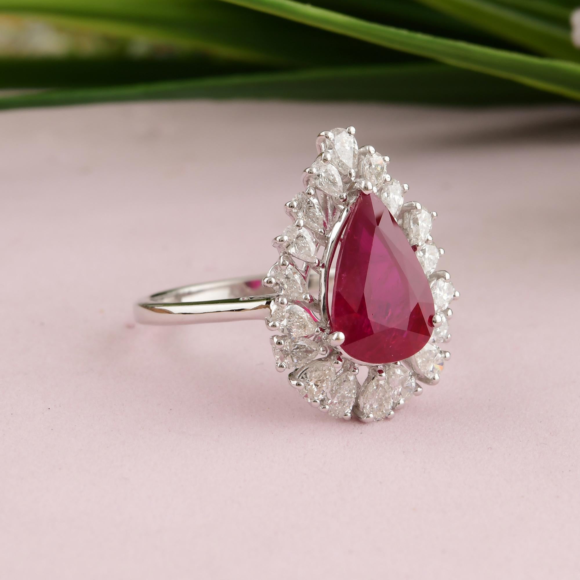 For Sale:  3.13 Ct Natural Ruby Diamond Halo Pear Engagement Ring in 18 Karat White Gold 7