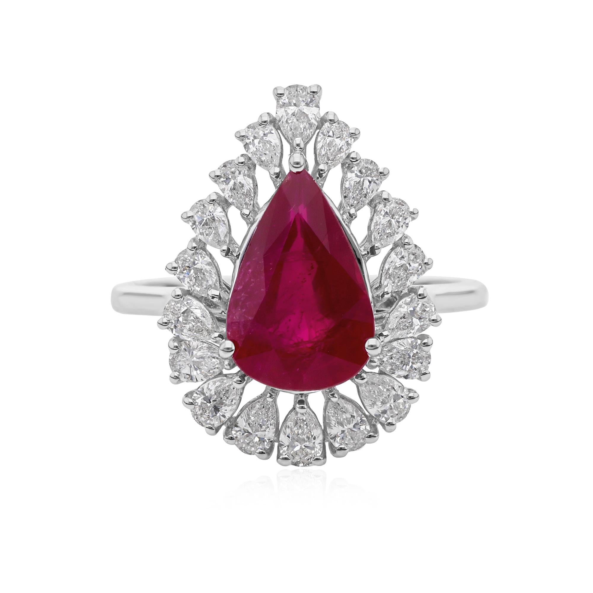 For Sale:  3.13 Ct Natural Ruby Diamond Halo Pear Engagement Ring in 18 Karat White Gold 9