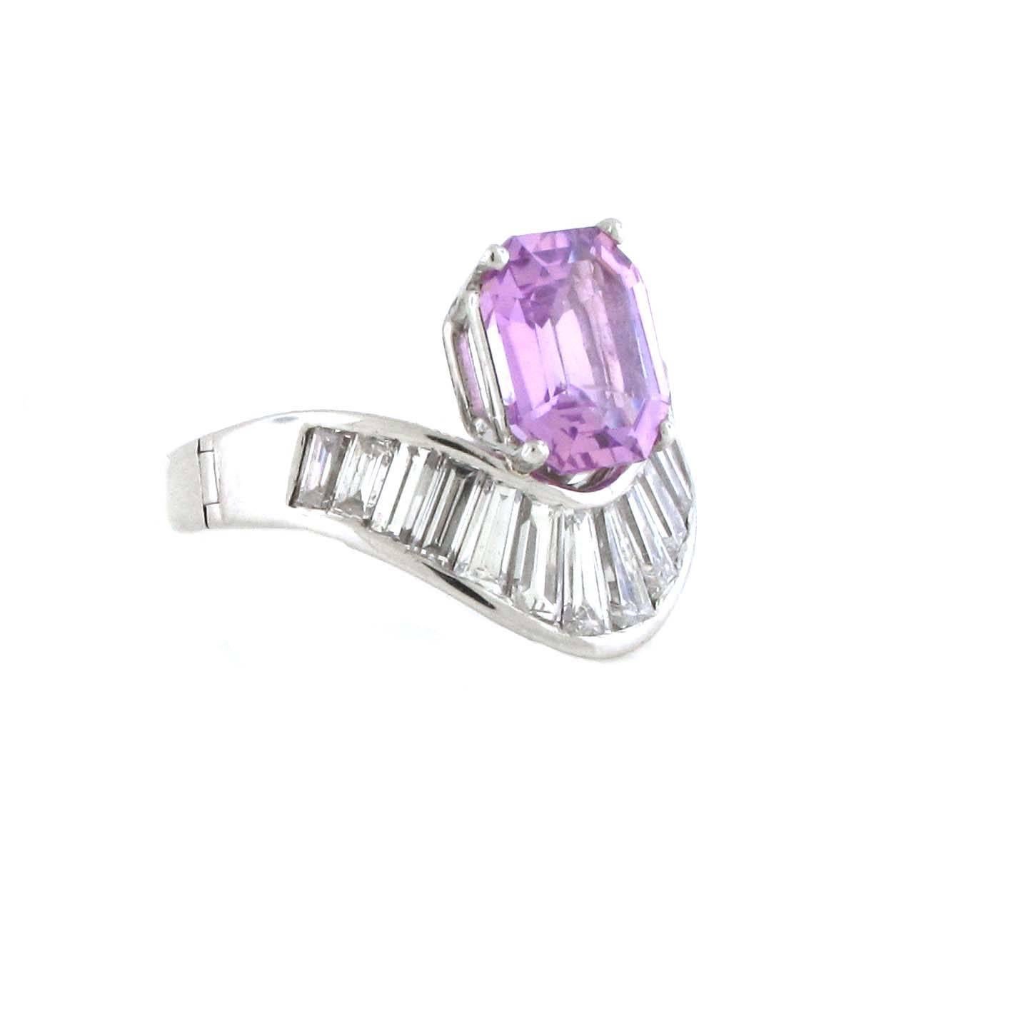 Fantastic customer 3.13 No Heat Ceylon Purple Emerald Cut Sapphire and diamond ring. It is very rare for an emerald cut purple sapphire to have this much color saturation and to be this clean of a stone. This stone has also not been heat treated