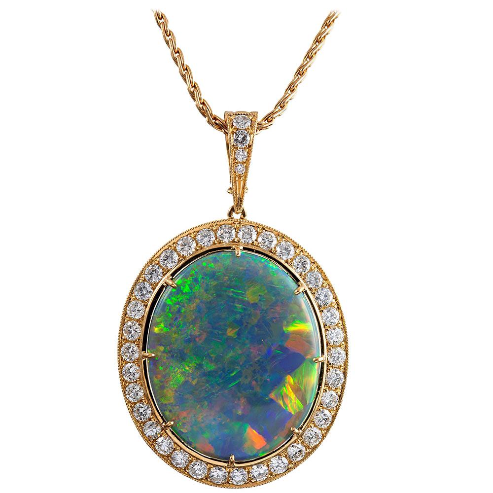 31.30 Carat Lightning Ridge Black Opal and Diamond Pendant