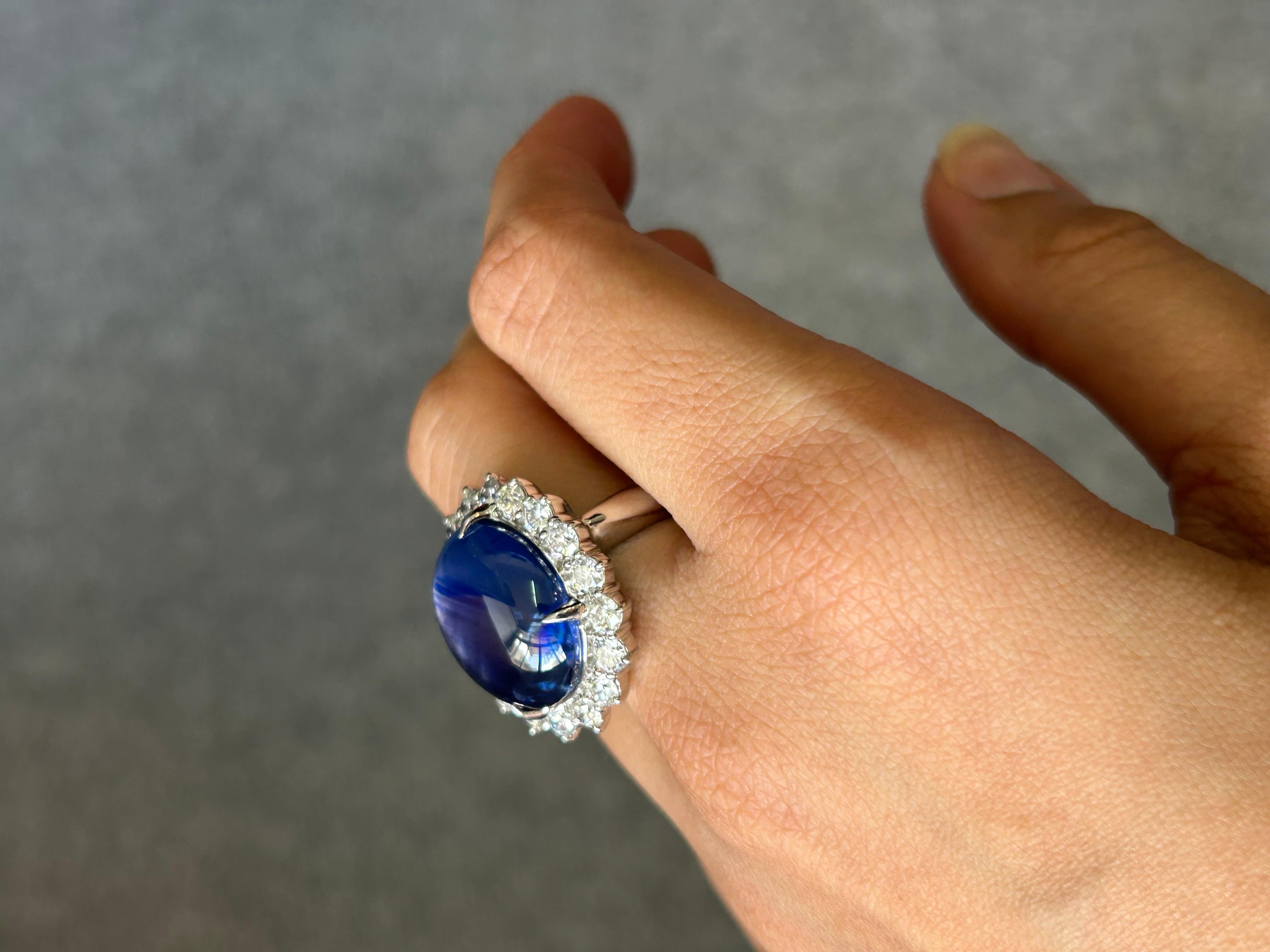 Cabochon 31.36 Carat Star Blue Sapphire and Diamond Ring  For Sale