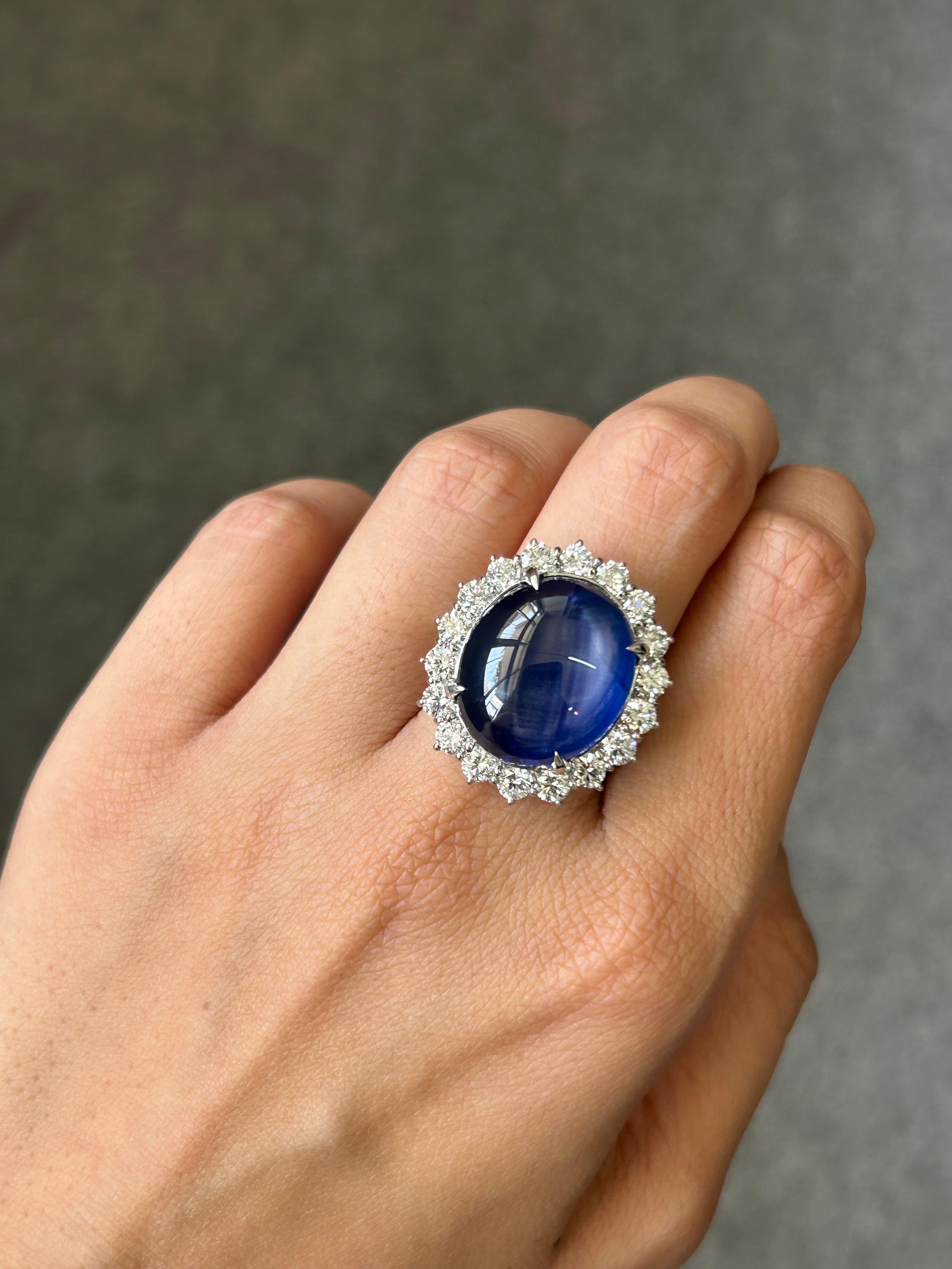 da uomo o donna Anello con zaffiro blu a stella e diamante da 31,36 carati