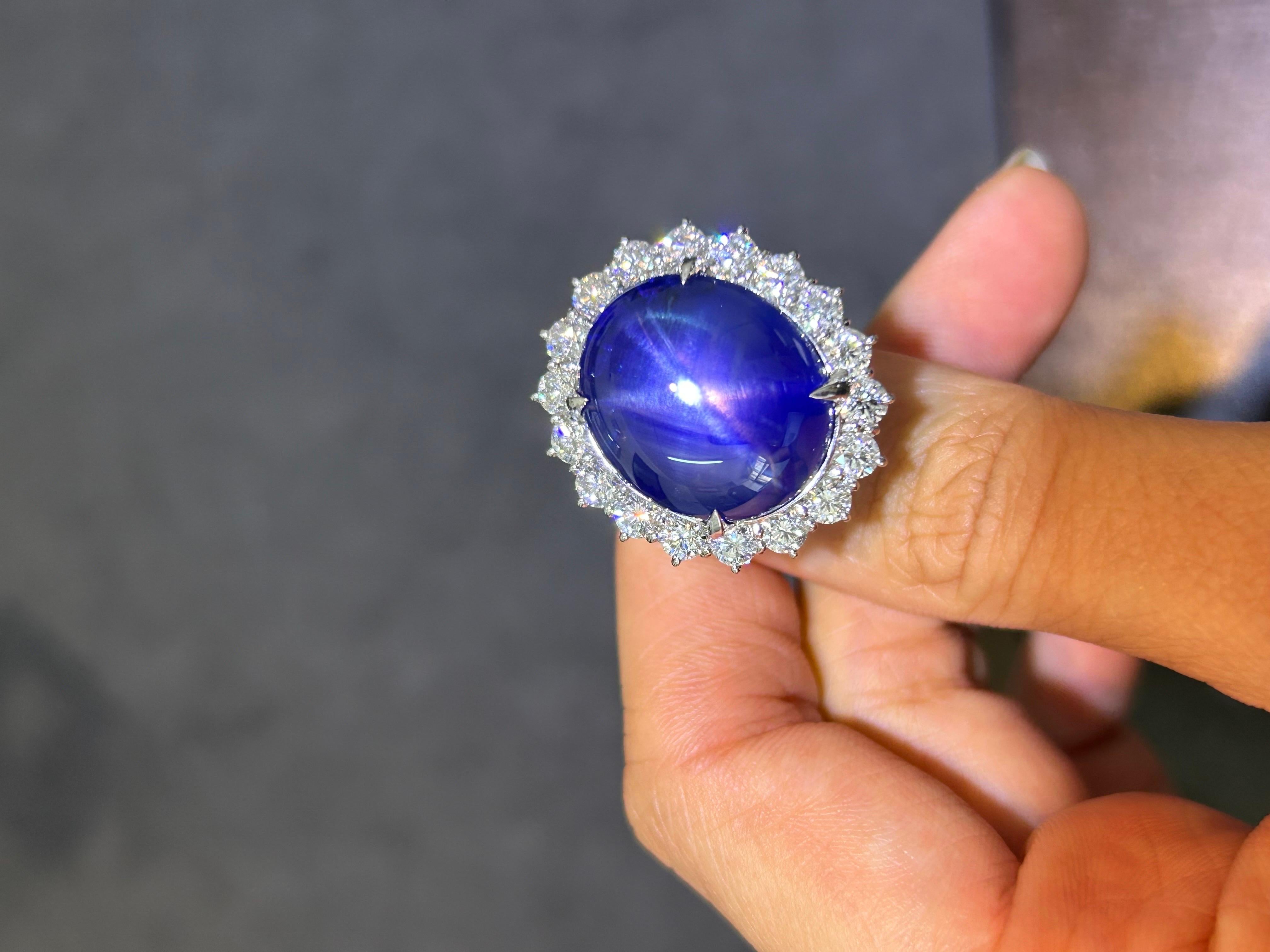 Women's or Men's 31.36 Carat Star Blue Sapphire and Diamond Ring  For Sale