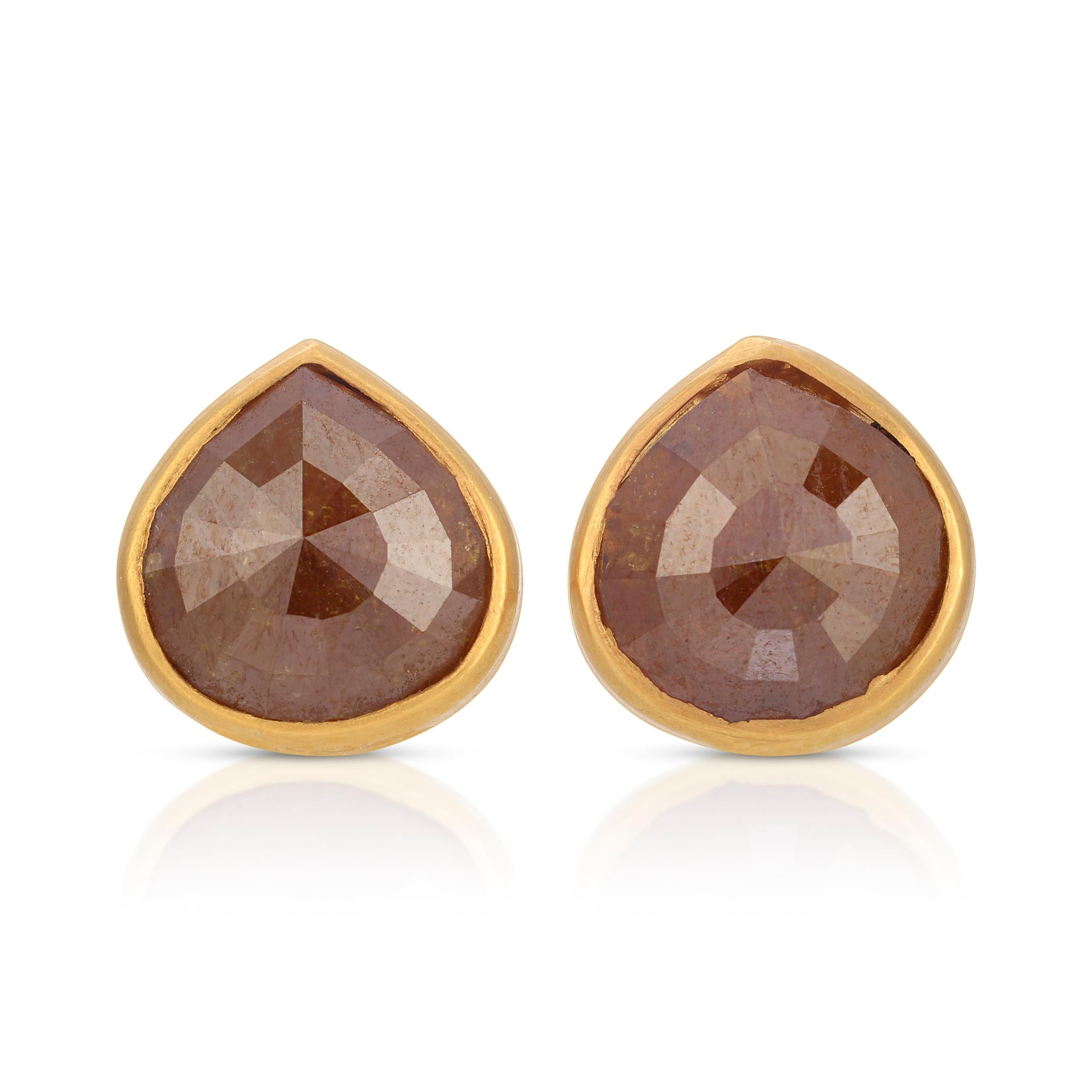 These 3.13ct Tear Drop Shaped Dark Amber Rose cut Rustic Studs are set in 18k matte Yellow Gold.  They are a fun and edgy daily wear alternative to traditional Diamond Studs.  Handmade in Los Angeles by my master craftsmen and me.  Diamonds are