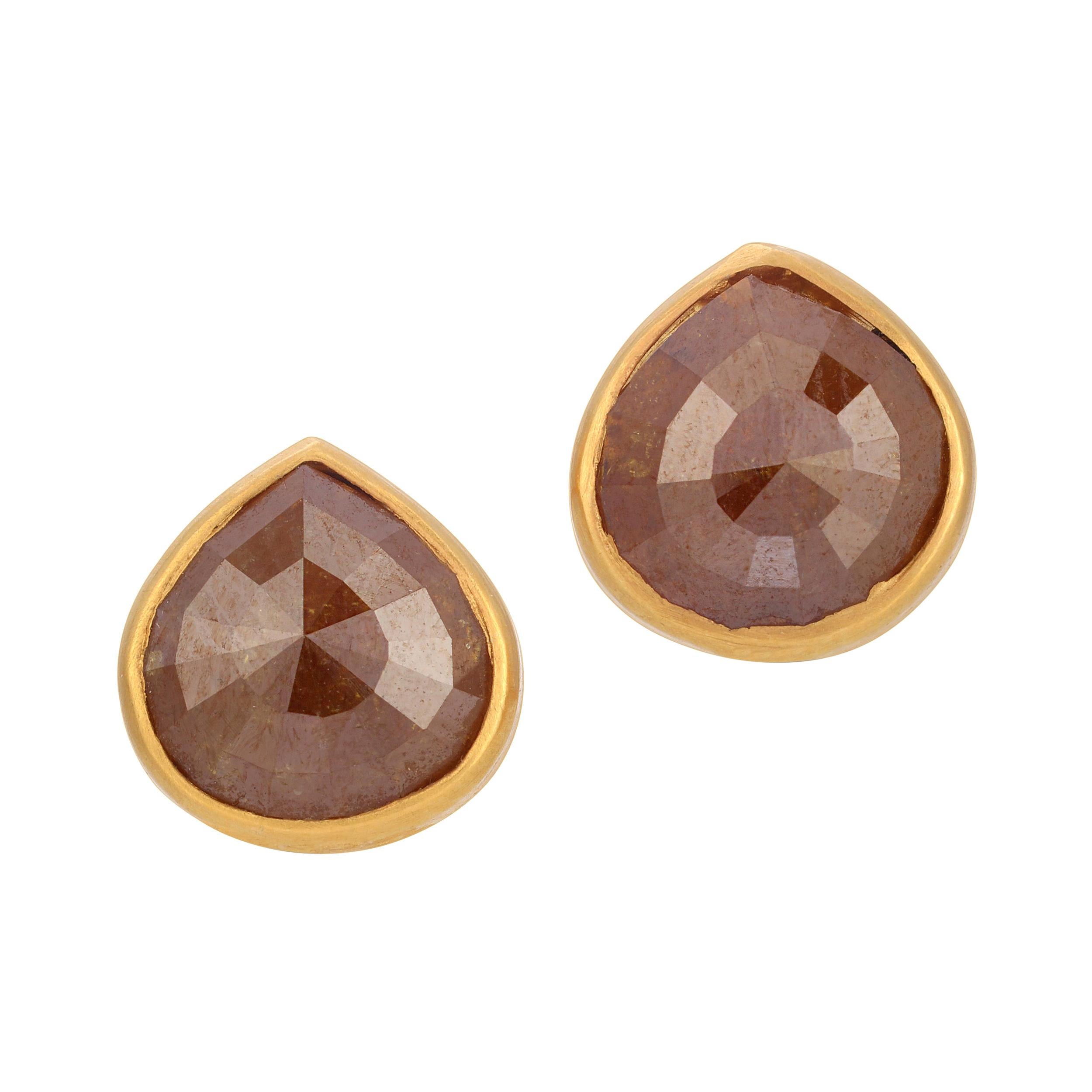 3.13ct Dark Amber Rustic Rose Cut Diamond Studs in 18k Matte Yellow Gold For Sale