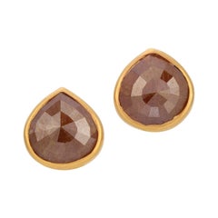 3.13ct Dark Amber Rustic Rose Cut Diamond Studs in 18k Matte Yellow Gold