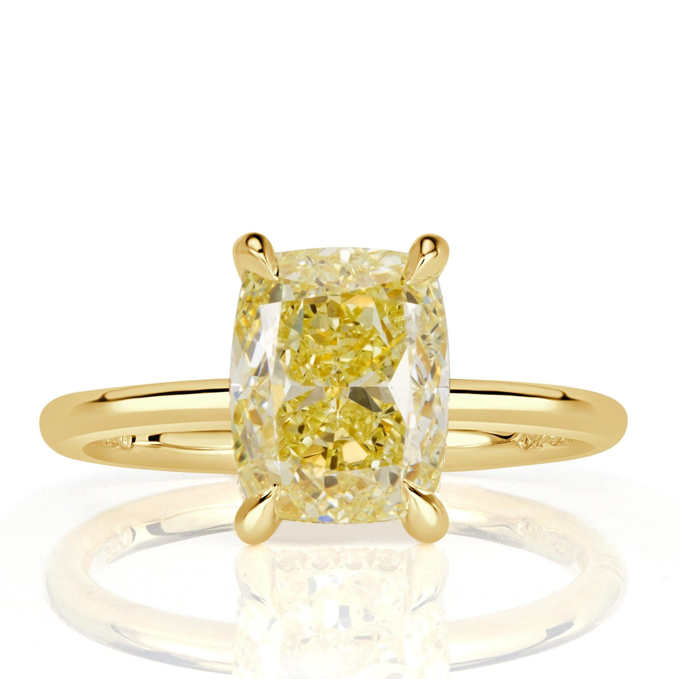 3.13ct Fancy Light Yellow Elongated Cushion Cut Diamond Engagement Ring For Sale