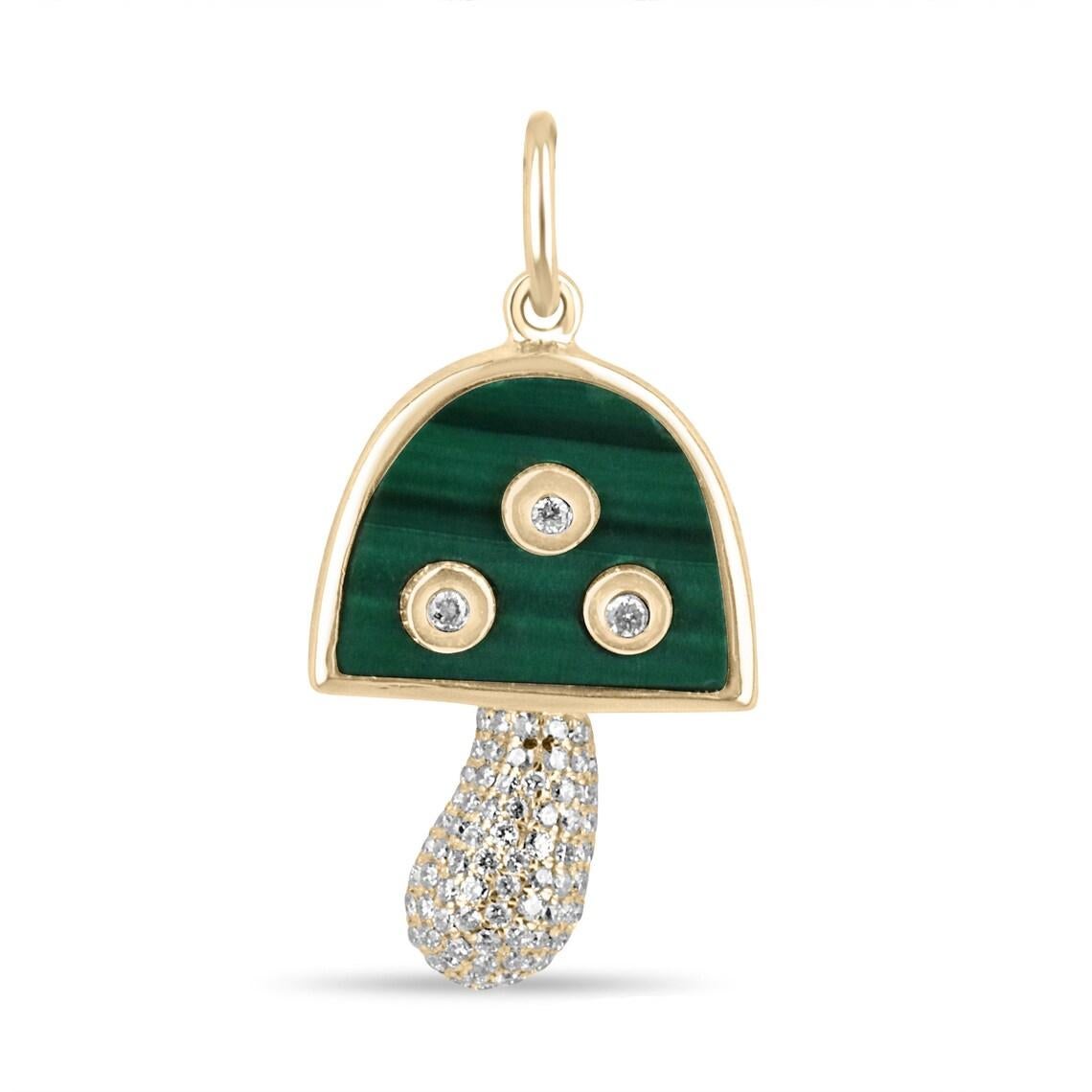 3.13tcw 14K Natural Malachite & Diamond Mushroom Pendant Necklace Bezel Set For Sale