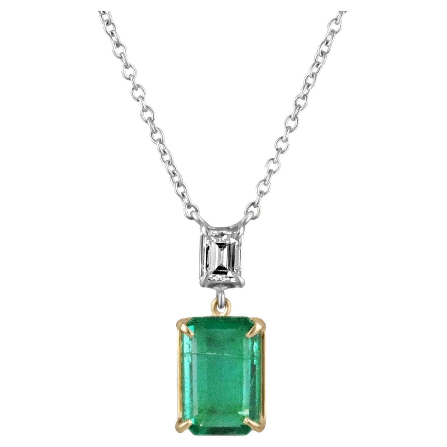 3.13tcw Dark Green Emerald-Emerald & Emerald Cut Diamond Two Toned Necklace 18K For Sale