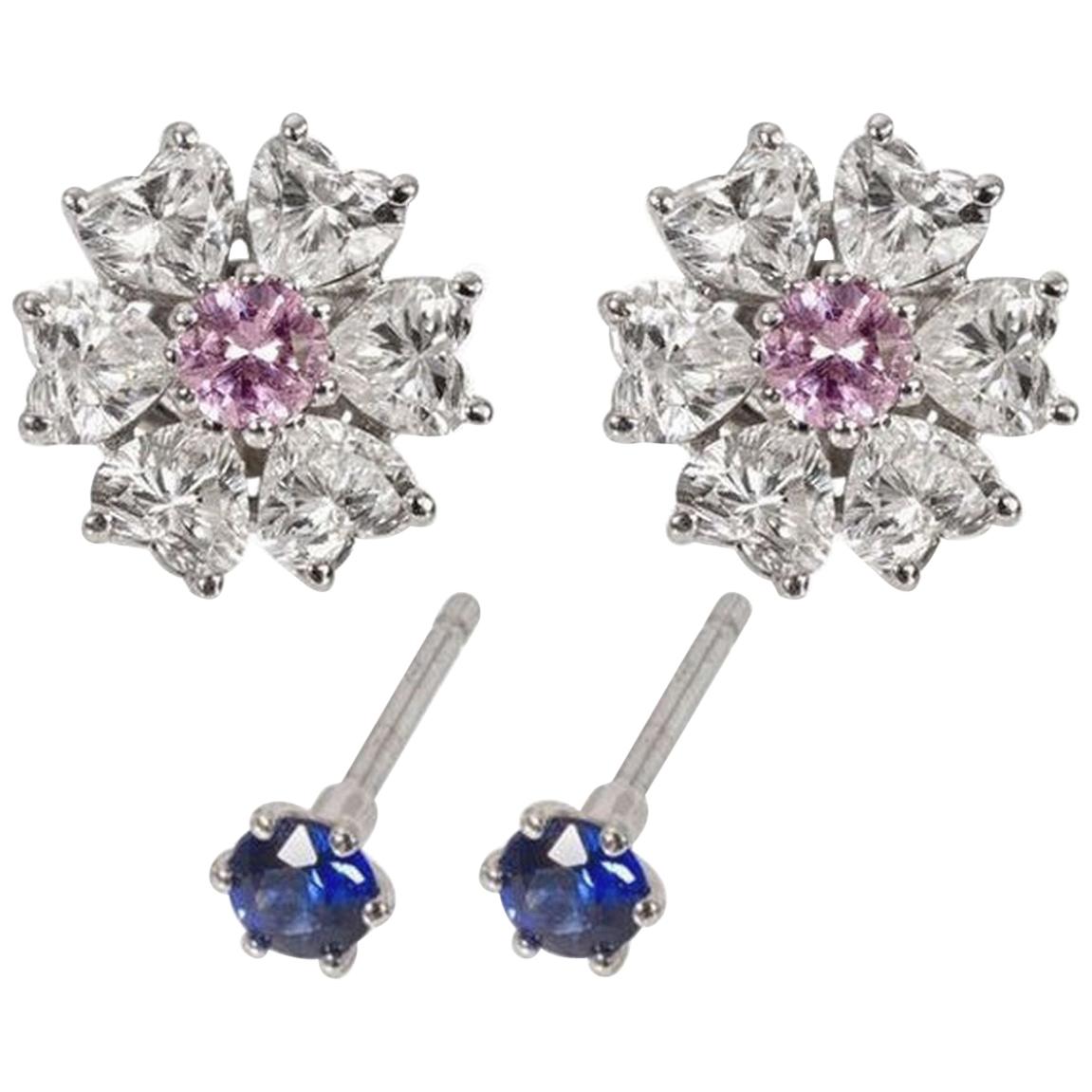 4.05 Carat Floral Interchangeable Diamond &Gems Earrings Set with Heart Shape
