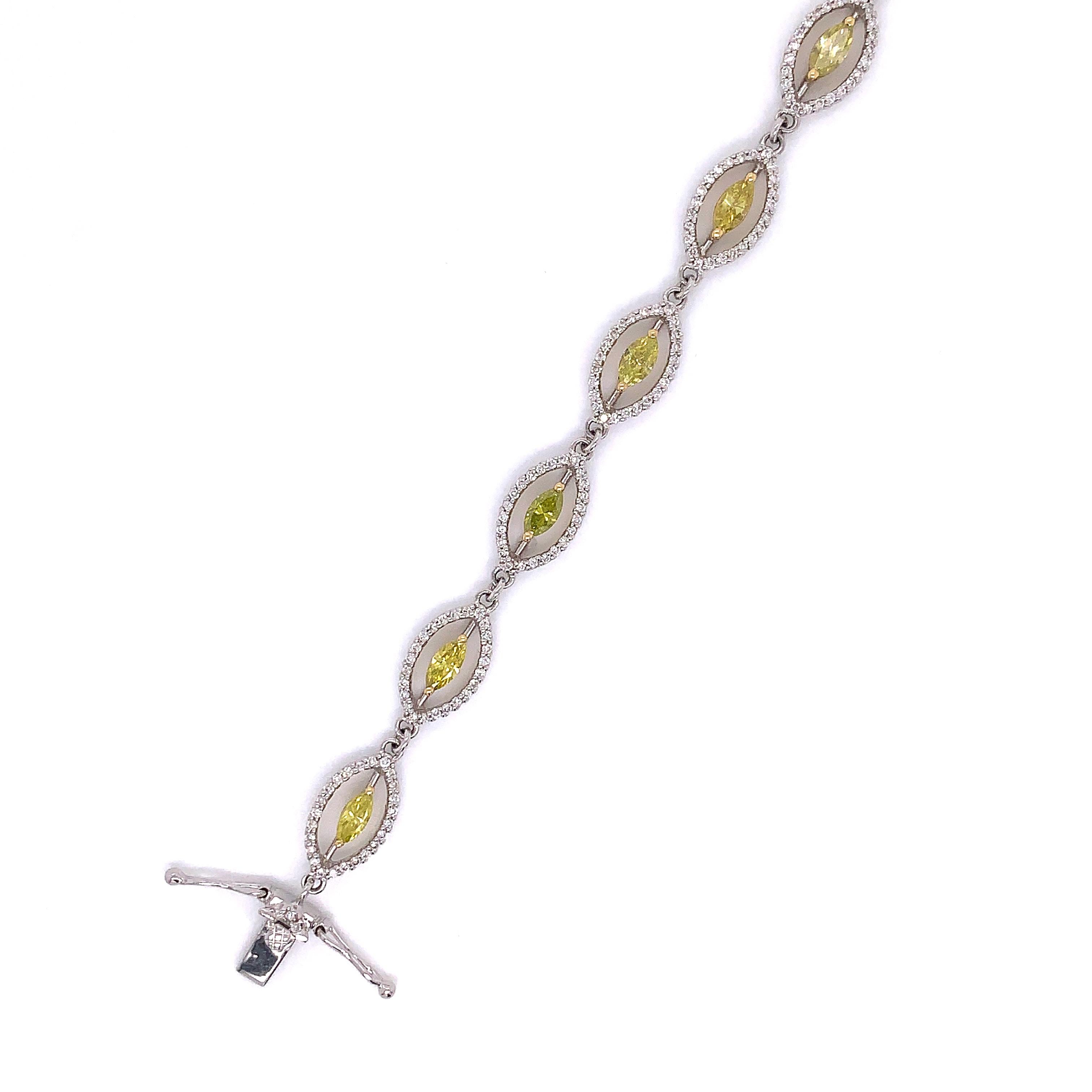 Contemporary 3.14 Carat Marquise Yellow Treated Diamond and White Diamond Bracelet