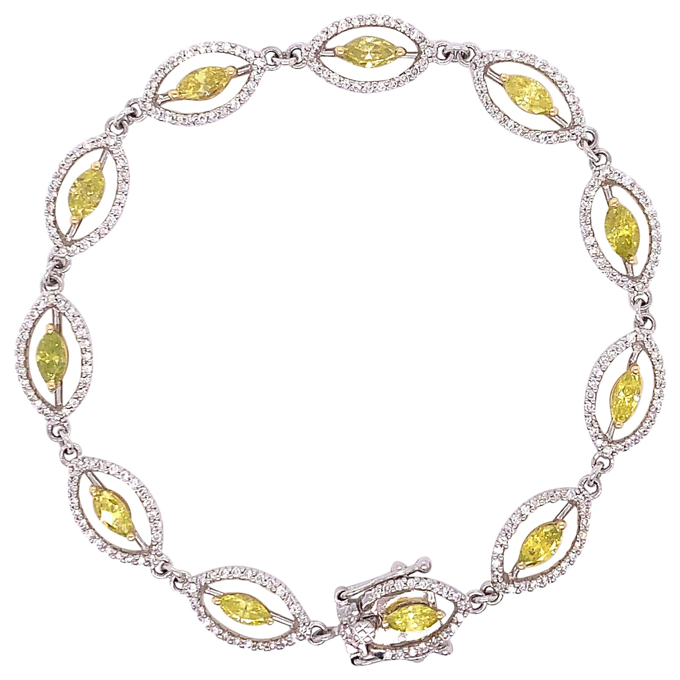 3.14 Carat Marquise Yellow Treated Diamond and White Diamond Bracelet