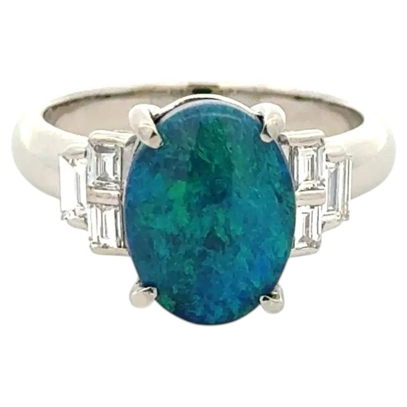 3.14 Carat Opal and Baguette Diamond Platinum Estate Vintage Cocktail Ring For Sale
