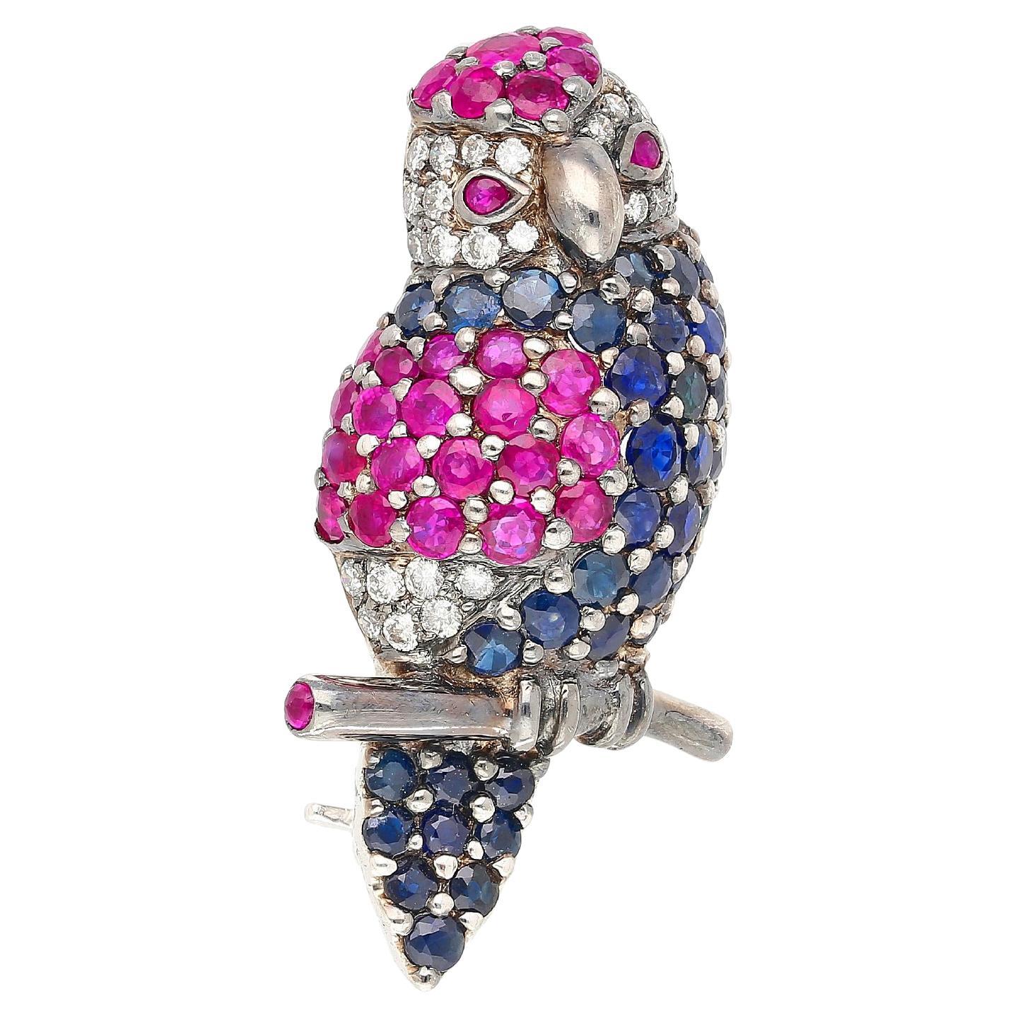 3.14 Carat Pink & Blue Sapphire & Diamond Pave in 18K White Gold Parrot Brooch