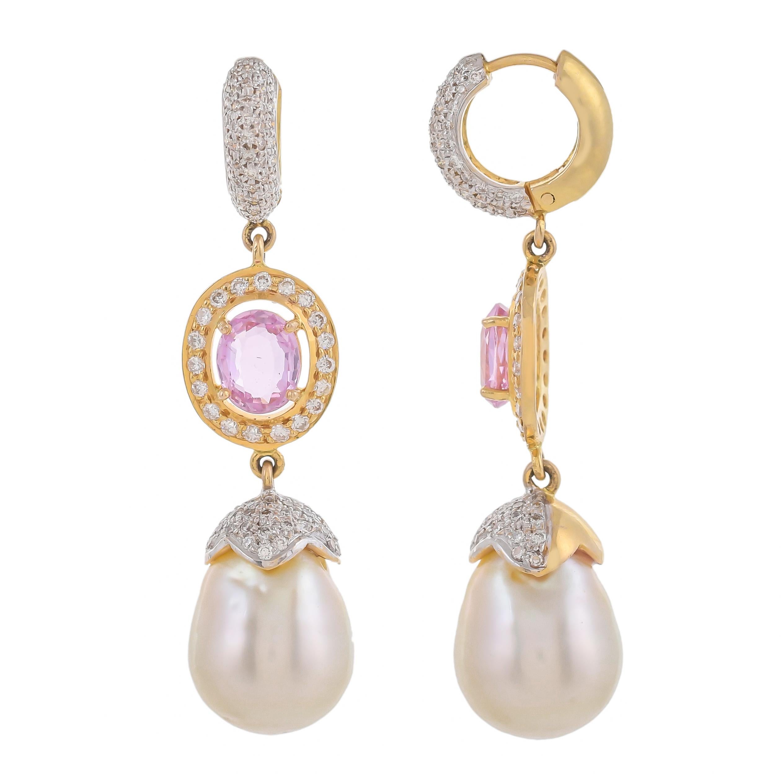 Each designed as a drop-shaped South sea pearl, weighing approximately 37.17 carats in total with a diamond-set cap, suspended from a 3.14 carats pink sapphire surrounded with brilliant round cut diamonds to a diamond set hoop with a total diamond
