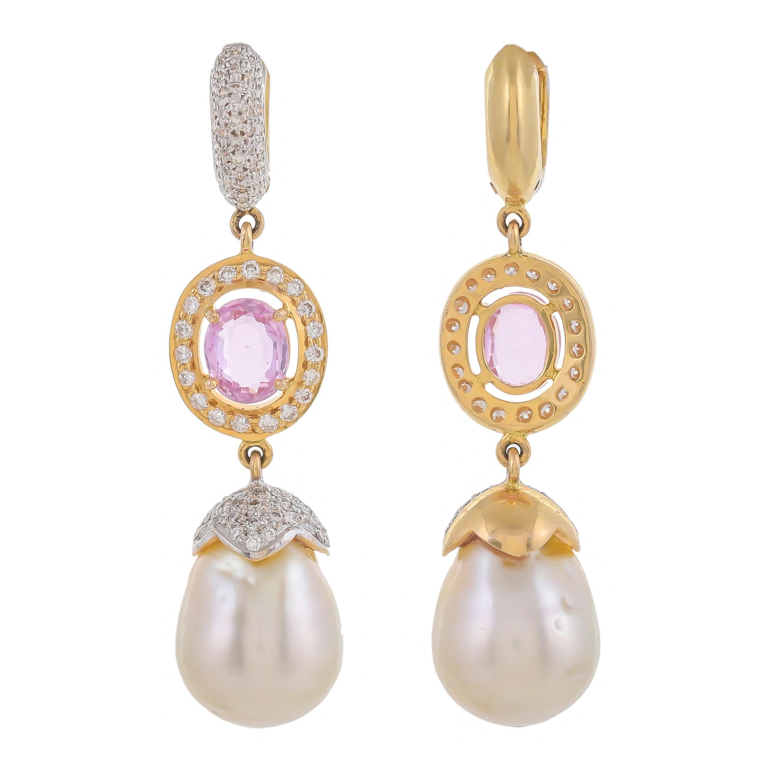 Modern 3.14 Carat Pink Sapphire South Sea Pearl Diamond 18 Karat Yellow Gold Earrings For Sale