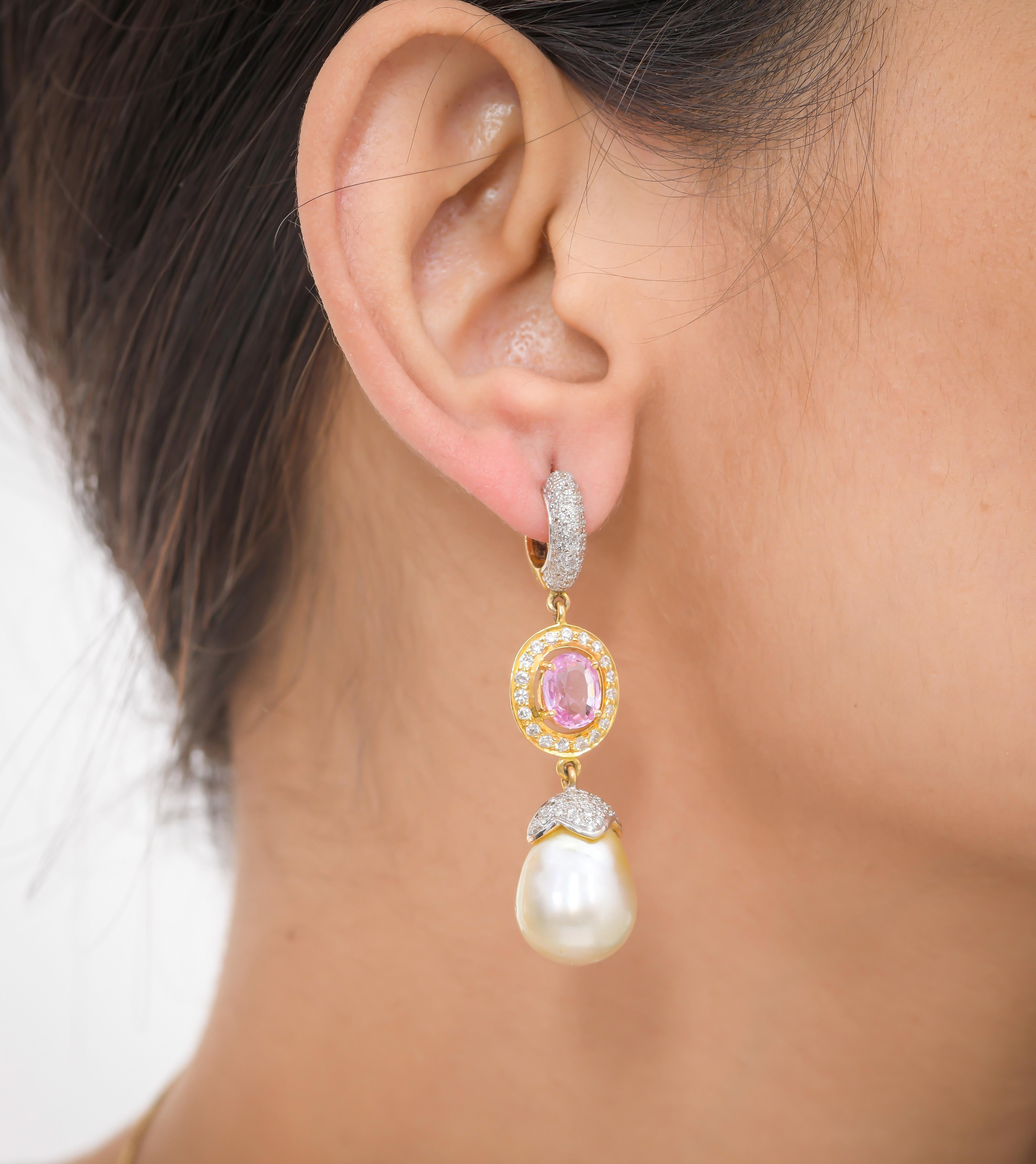 Oval Cut 3.14 Carat Pink Sapphire South Sea Pearl Diamond 18 Karat Yellow Gold Earrings For Sale