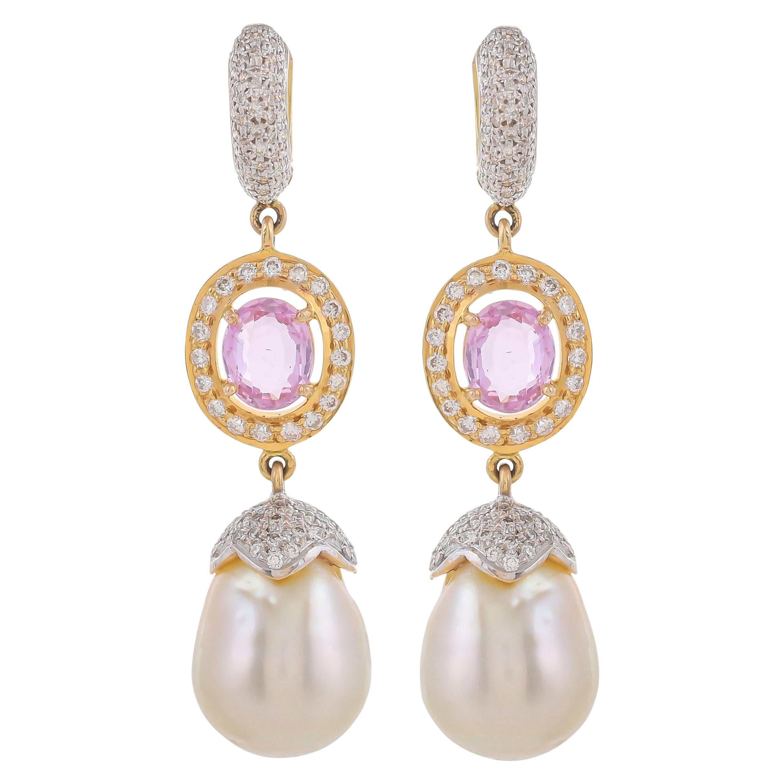 3.14 Carat Pink Sapphire South Sea Pearl Diamond 18 Karat Yellow Gold Earrings For Sale