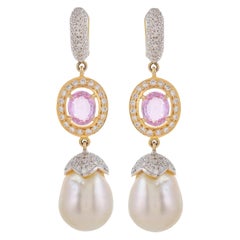 3.14 Carat Pink Sapphire South Sea Pearl Diamond 18 Karat Yellow Gold Earrings