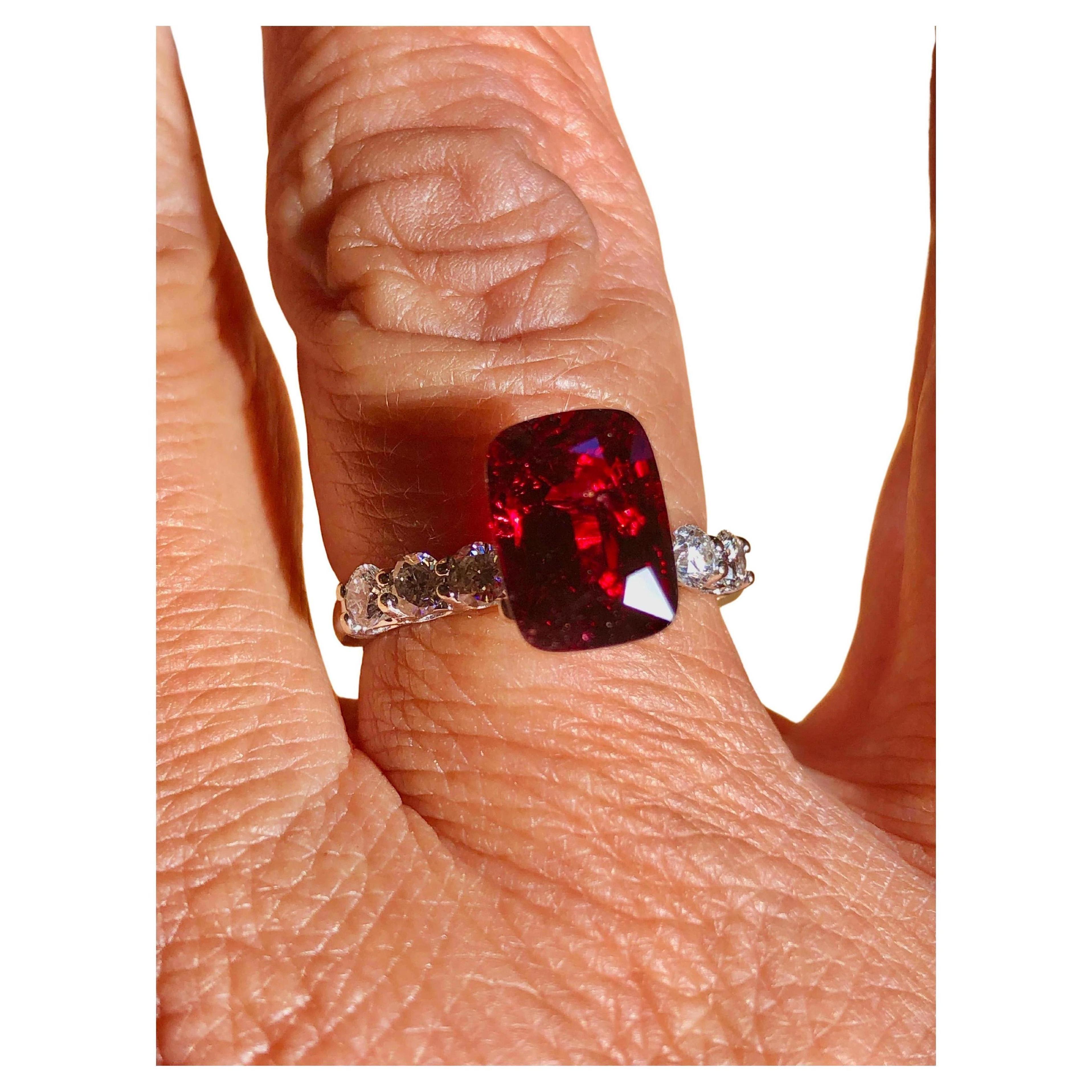 Certified Cushion-Cut No Heat  Burmese Red Spinel.
Gemstone: Natural Spinel
Carat Weight: 3.14 Carats
Measurements: 9.87 x 7.21 x 5.08 mm.
Shape: Antique Cushion
Cutting Style: Faceted
Color: Red
Origin: Burma 
Treatments: None (100% Natural &