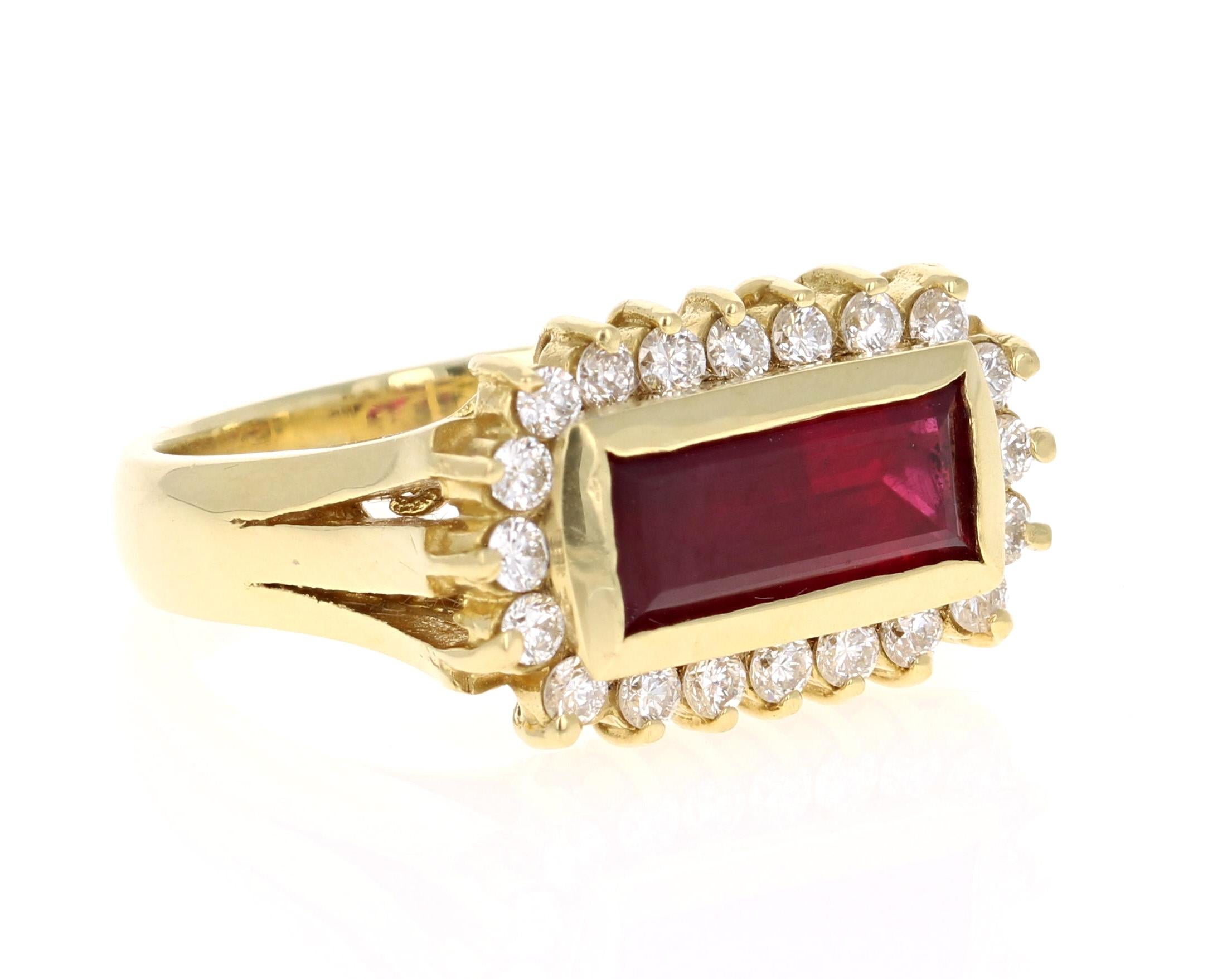 This ring has a straight Baguette Cut Ruby that weighs 2.56 Carats and 20 Round Cut Diamonds that weigh 0.58 Carats with a clarity and color of VS-F. 

The ring is casted in 18K Yellow Gold and weighs approximately 10.0 grams. The setting has a