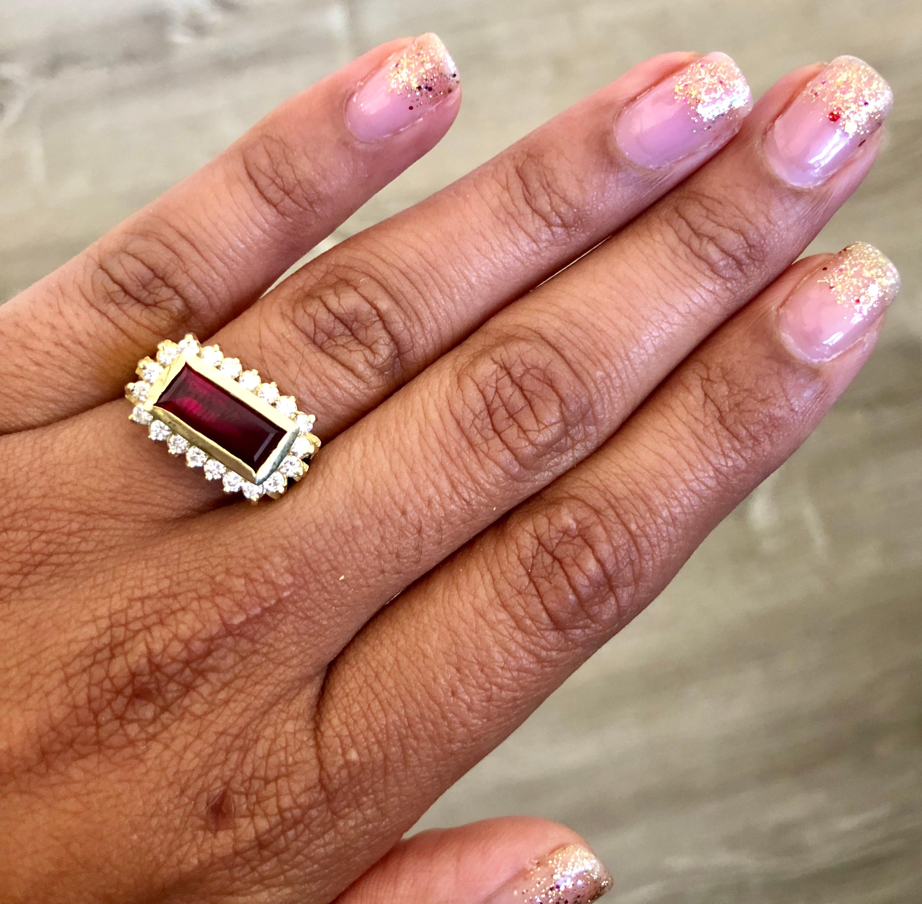 Baguette Cut 3.14 Carat Ruby Diamond 18 Karat Yellow Gold Ring For Sale