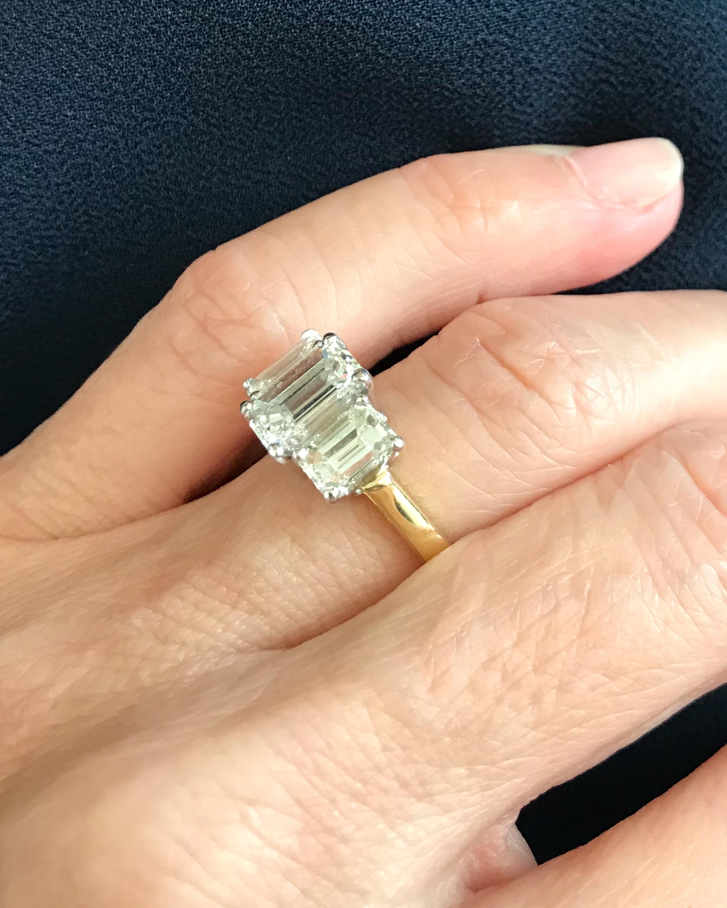 3.14 Carat Total Diamond, Platinum, 18 Karat Gold Three-Stone Emerald Cut Ring 5